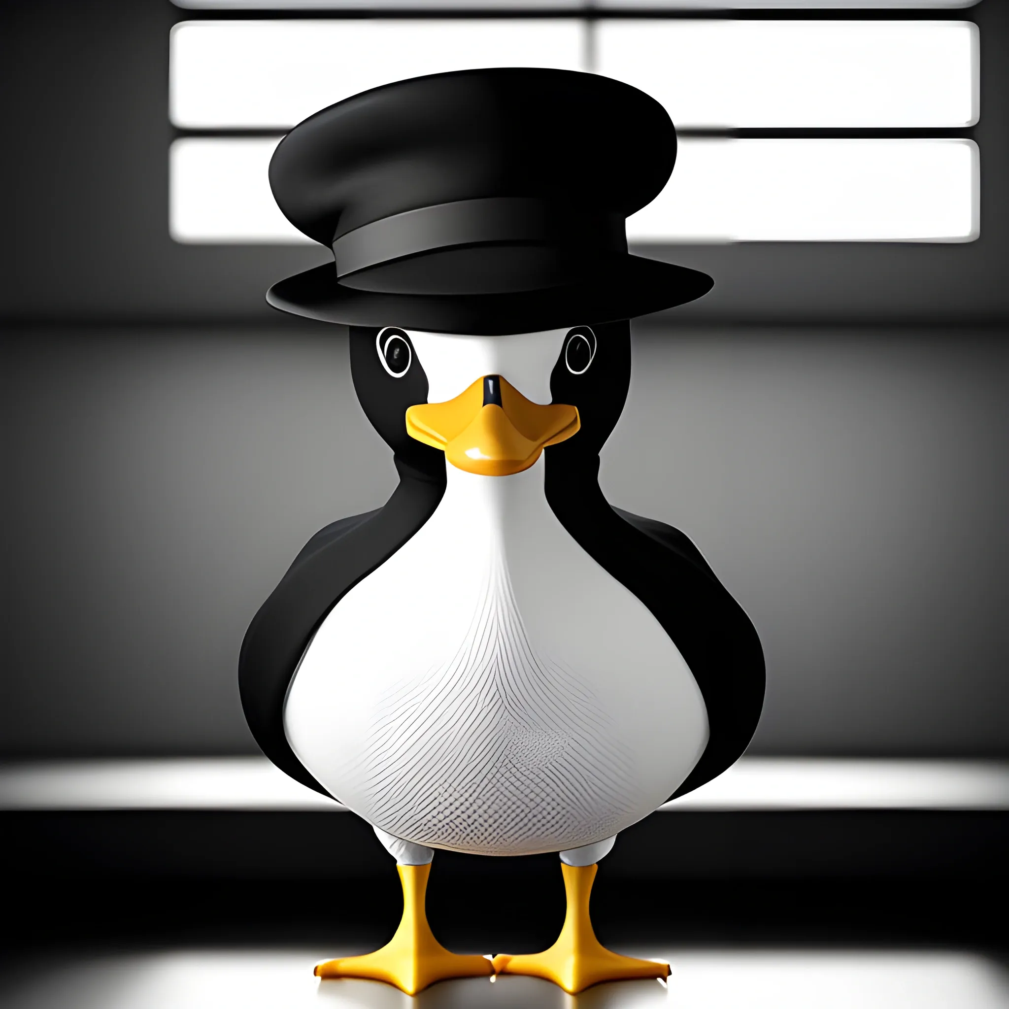 black an white Duck, wearing a black hat like a hacker. In a room that seems from the future