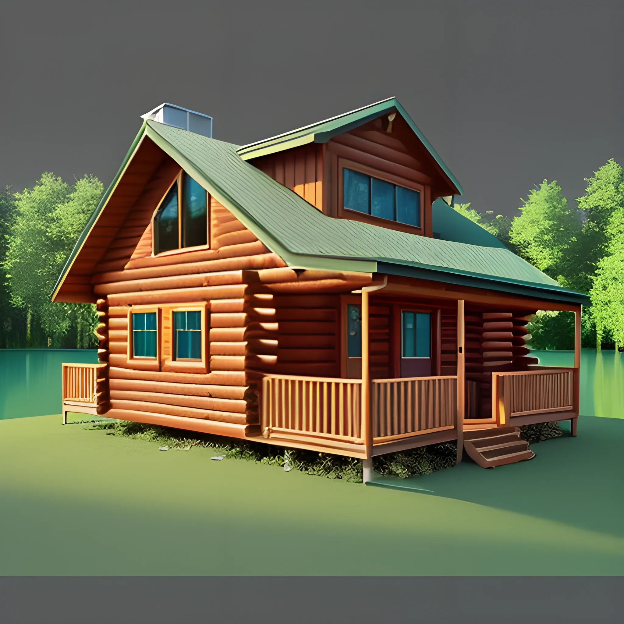 3d render of simple woods cabin with modernized bits next to the lake 