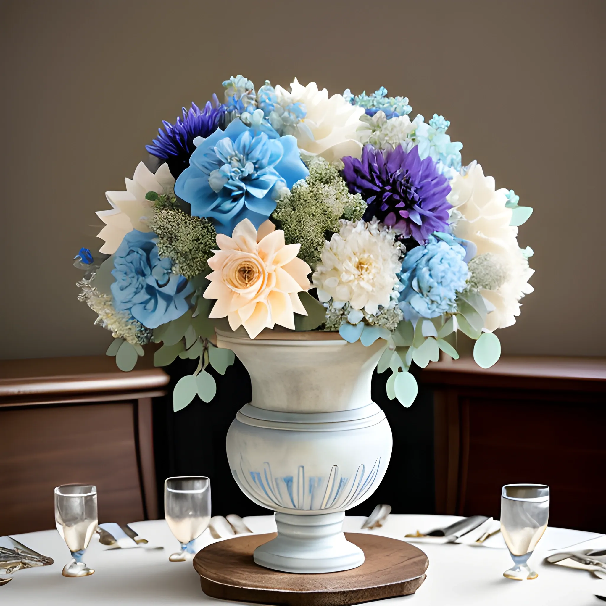 Hyper realistic photo Table centerpiece floral arrangement using dusty miller, terra cotta roses, light blue delphinium, and ivory dahlias