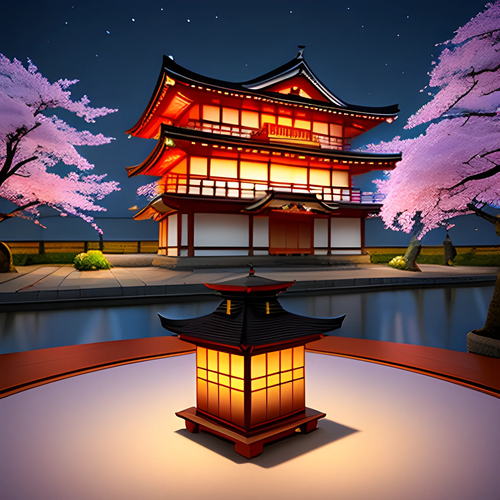 3D rendering, cherry blossom, japan, night, traditional house, paper lamps, fire flies