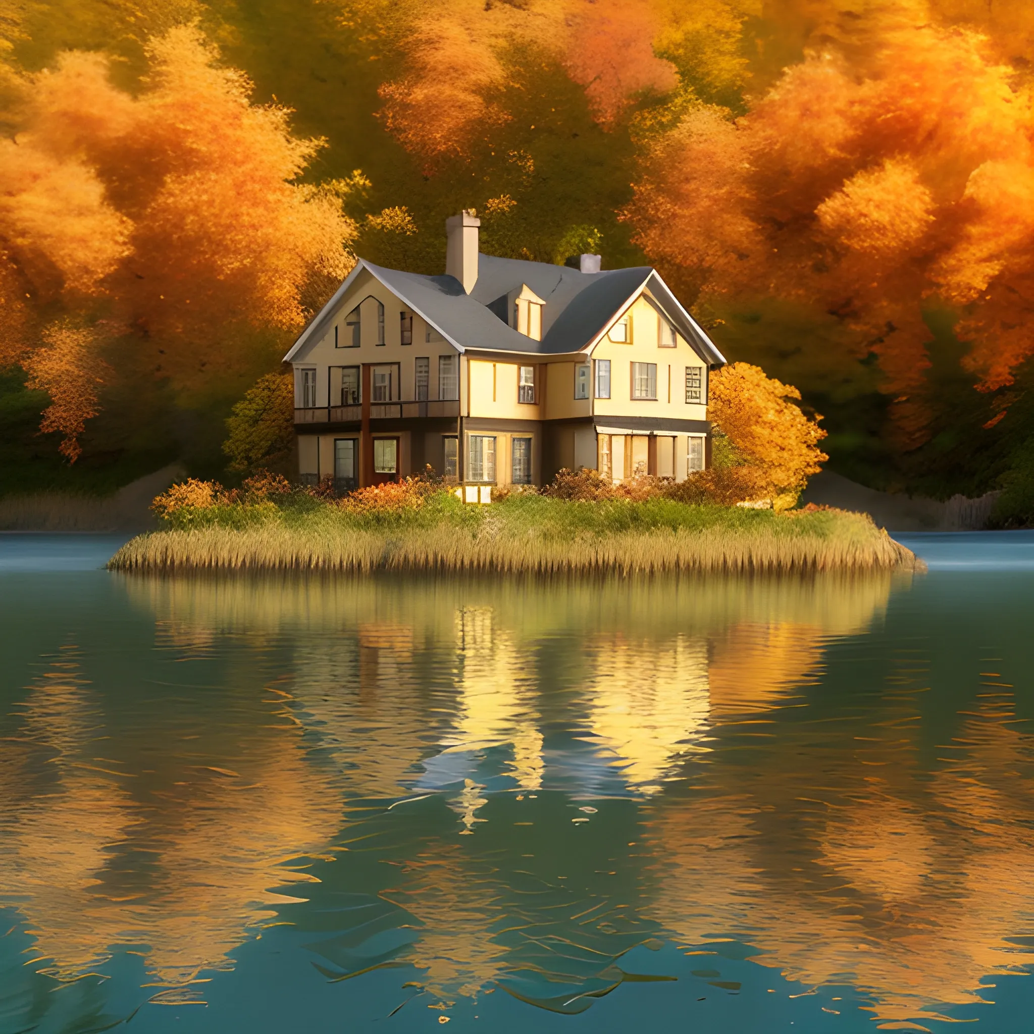 The house by the river in autumn photo realism, Golden autumn, ultra detailed, lively colors, Studio lighting, sharp focus, picturesque landscape, Bright leaves, serene atmosphere, detailed reflection on water, professional, bokeh, physically rendered.