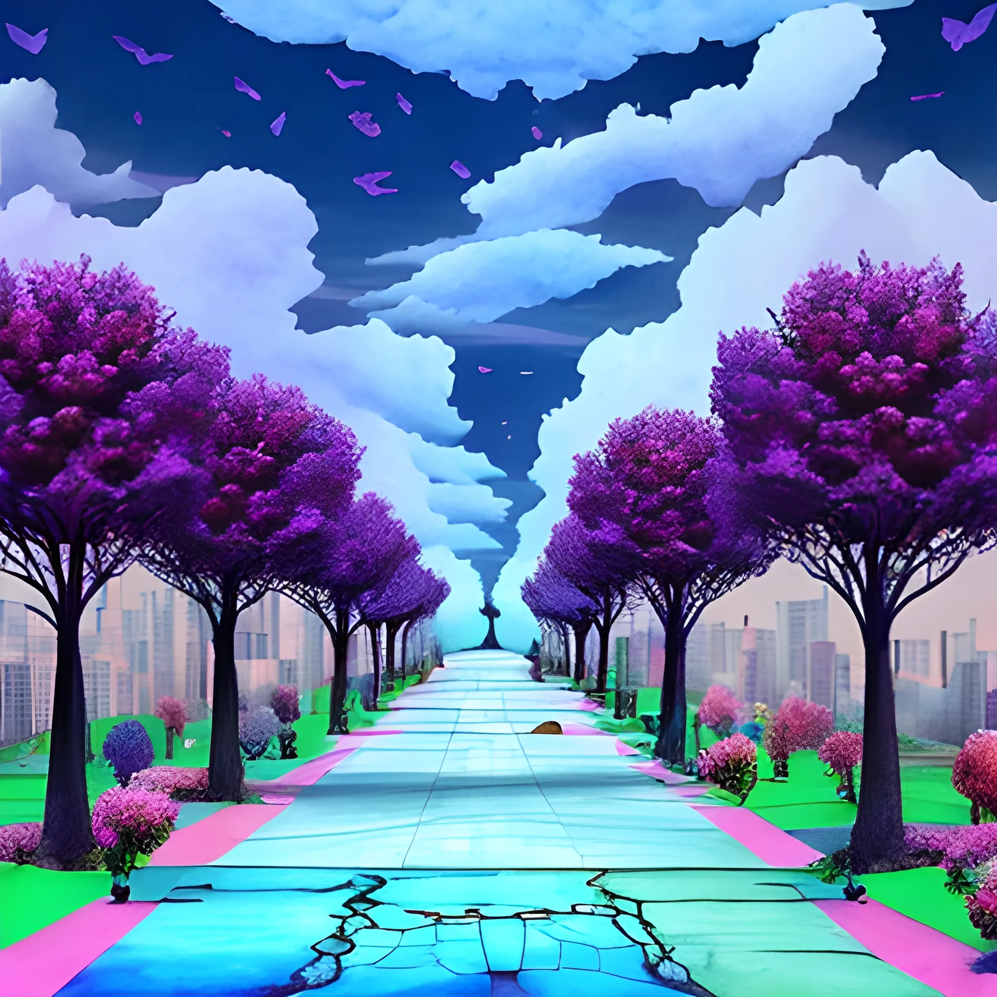 un escenario de una ciudad en las nubes azules, gatos con alas moradas, arboles rosas, 3D, Water Color, Trippy