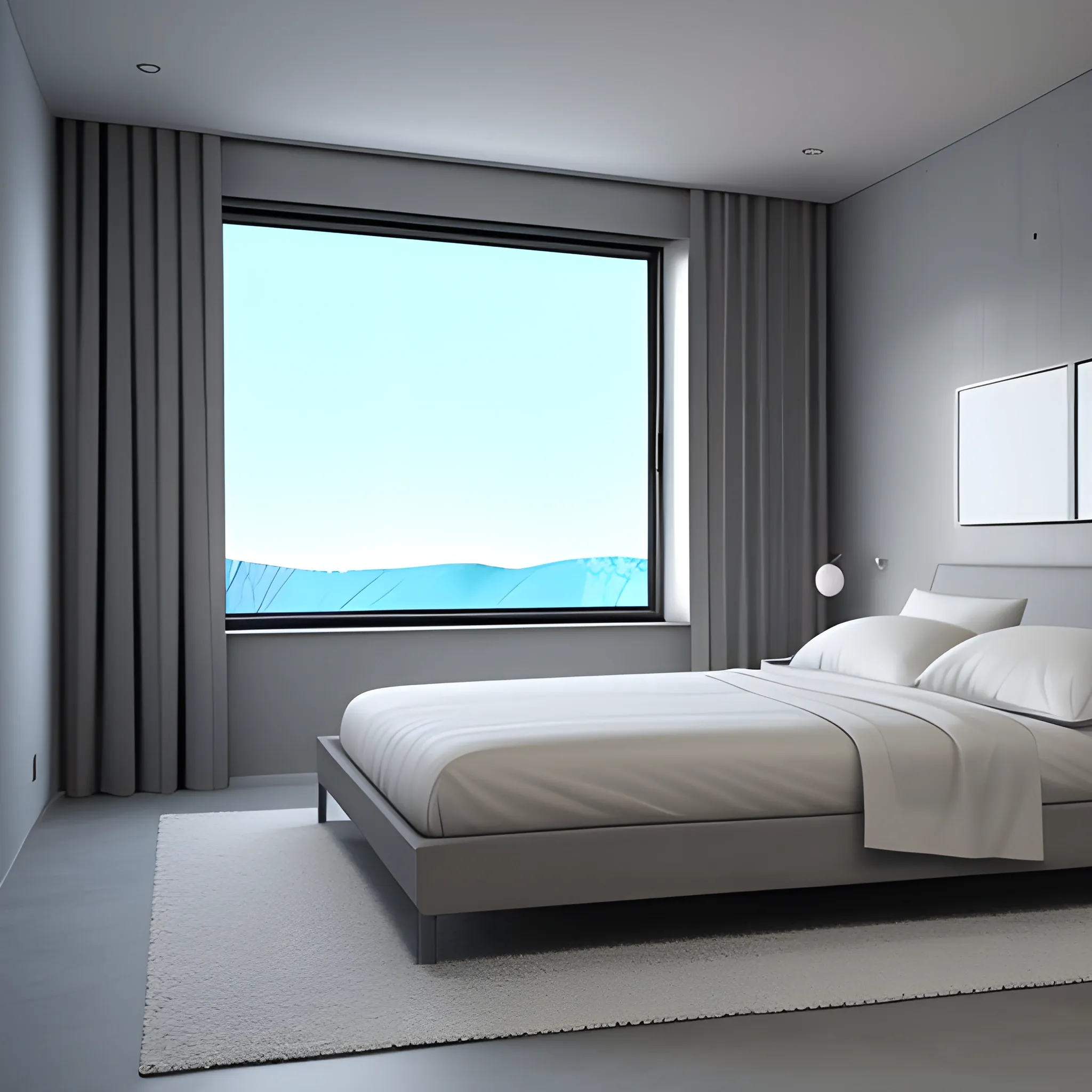 3d render of minimalist interior of a small concrete bedroom with window to the winter night outside, dim lighting, 14mm, high resolution, 