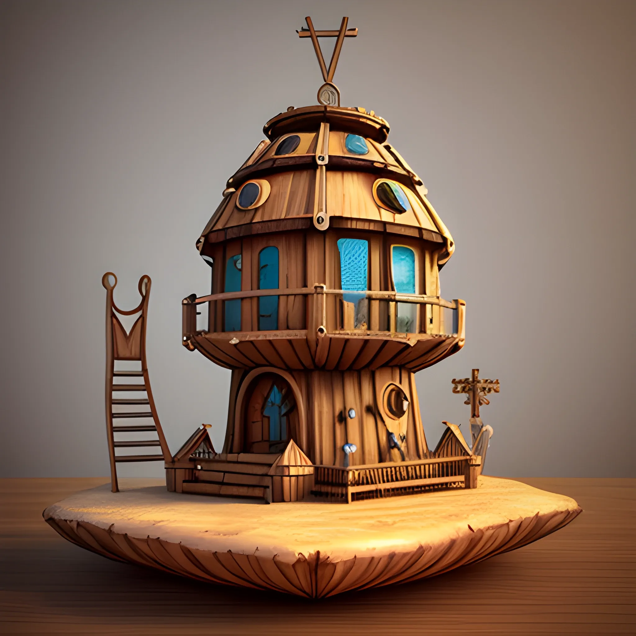 Santuario moderno del futuro, rustico de madera flotante, vikingo, 3D