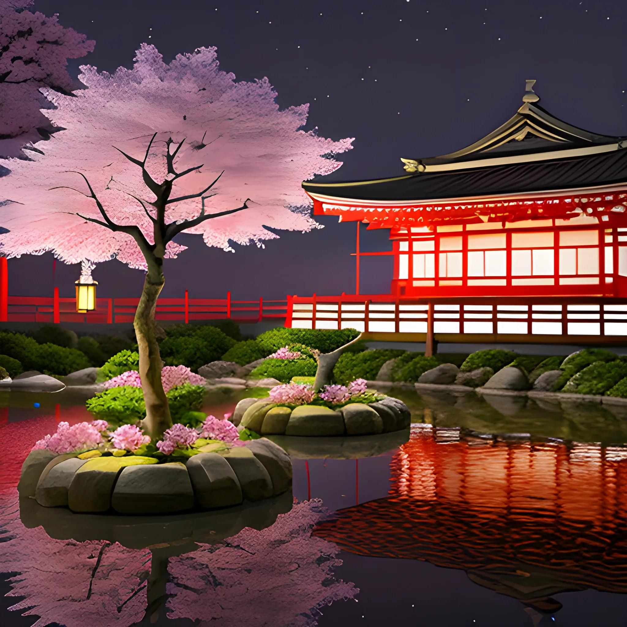 3D rendering, cherry blossom, japan, night, traditional house, paper lamps, fire flies, 
lotus flower