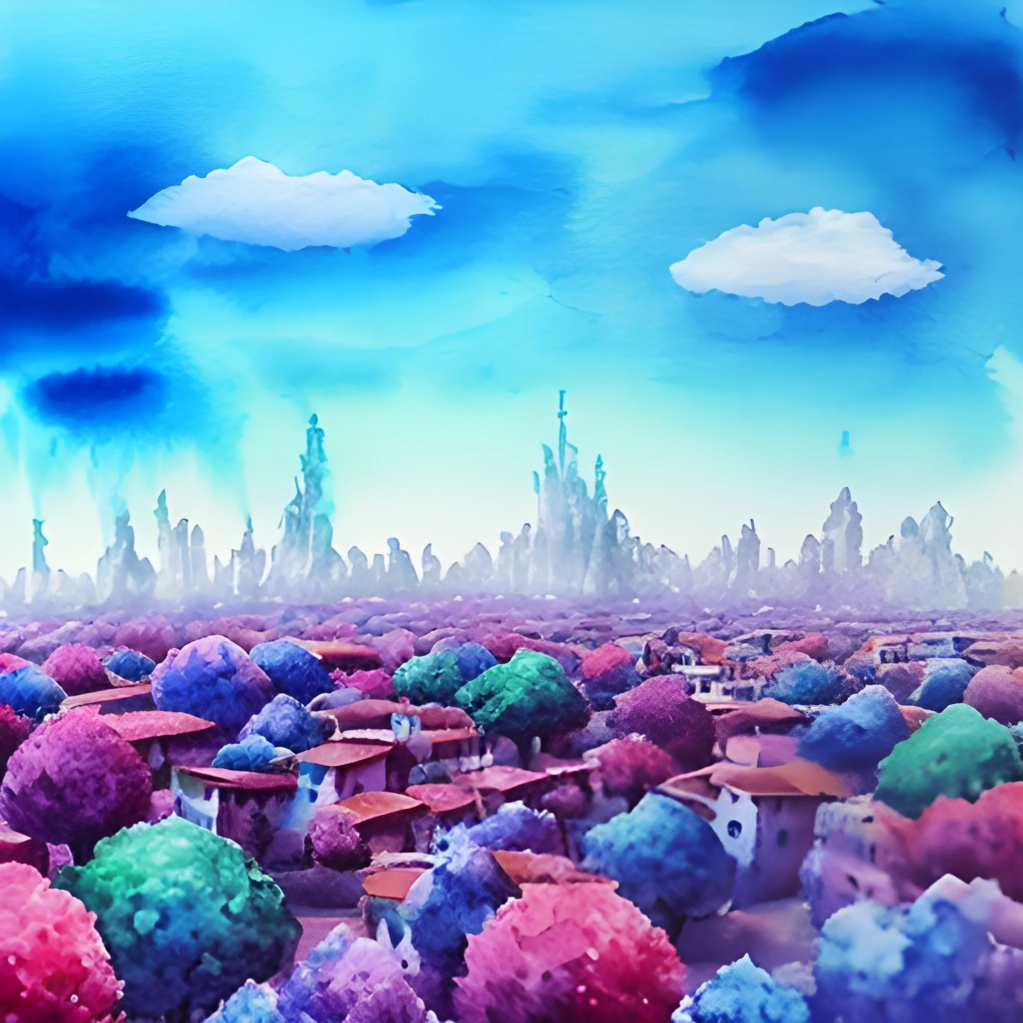 ciudad de nubes azules, con árboles rosas, casas moradas de nubes, 3D, Water Color, Trippy