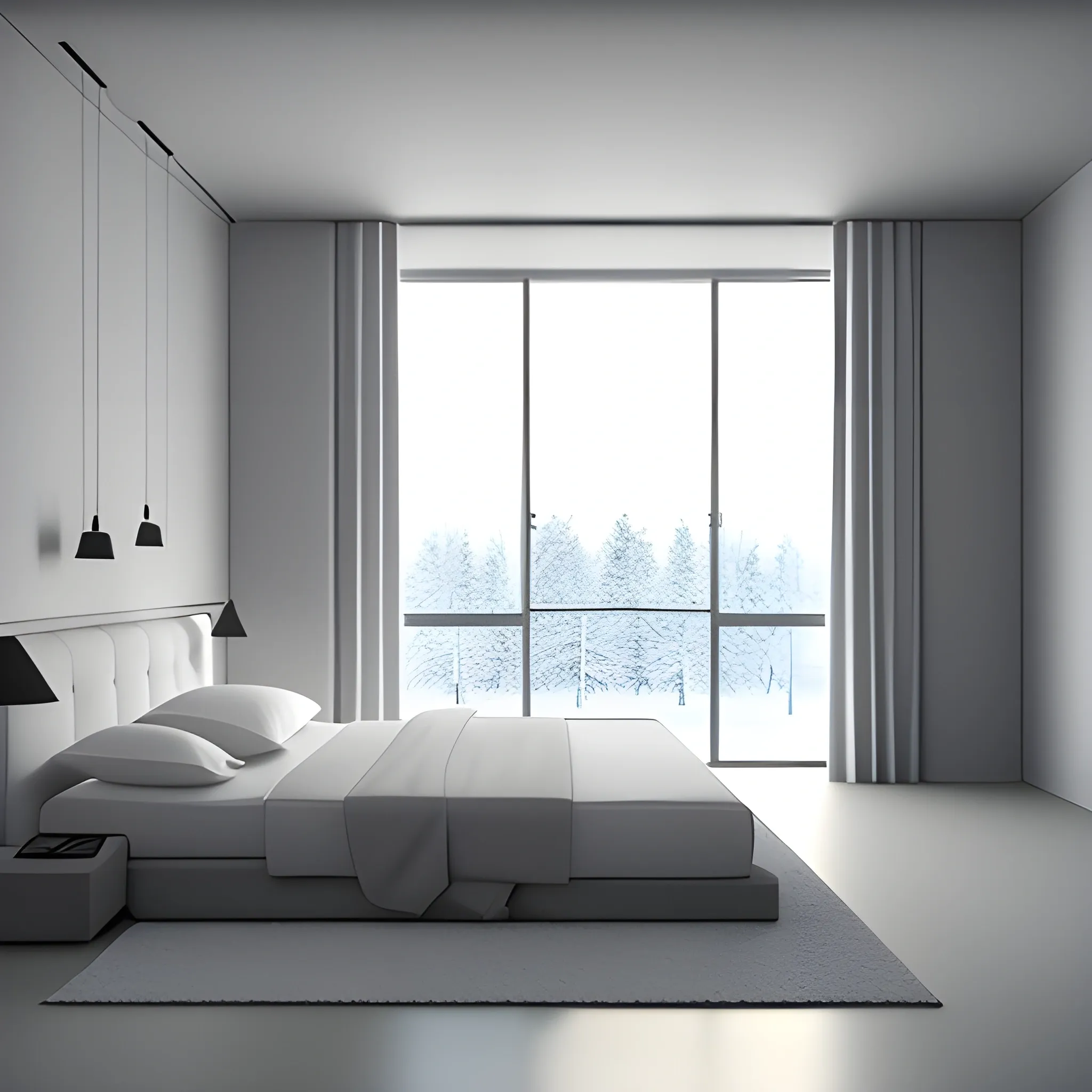 3d render of minimalist interior of a small concrete bedroom with window to the winter night outside, dim lighting, 14mm, high resolution, Night, night outside, night sky