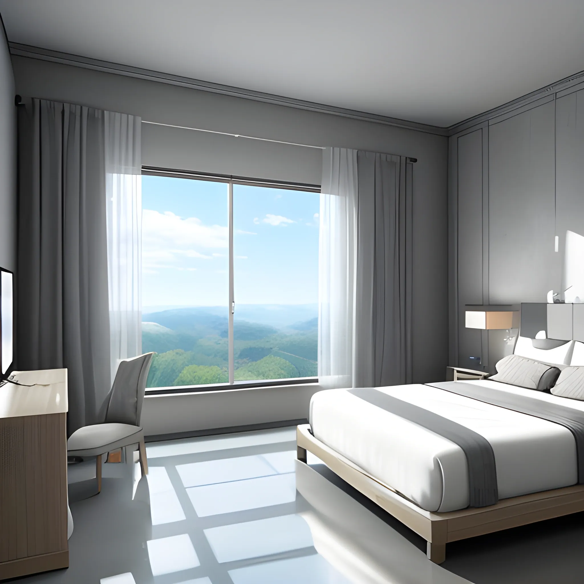 room with one of the 4 walls made of cristal that show a natural view, 3D, with bed, gray floor, with a setup