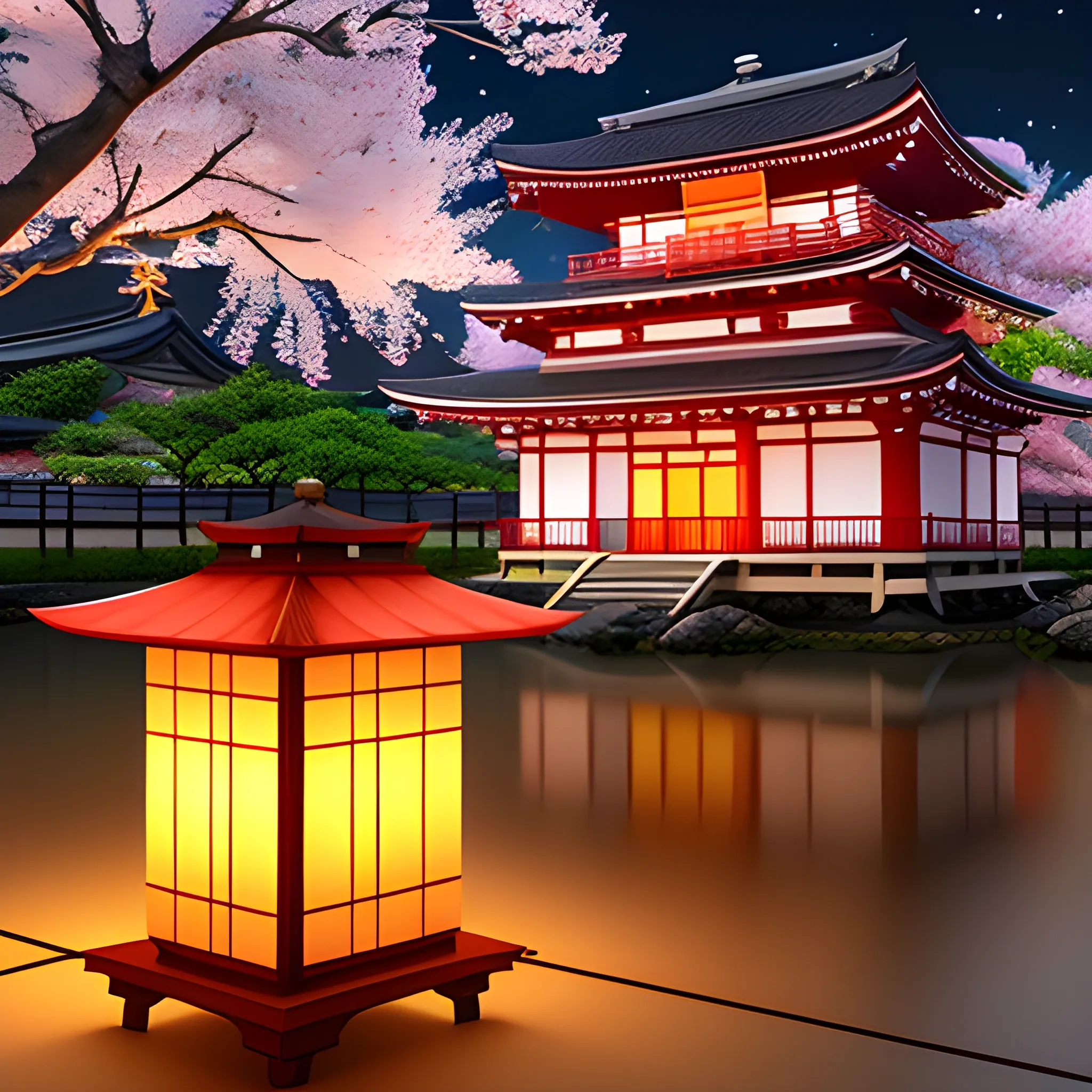 3D rendering, cherry blossom, japan, night, traditional house, paper lamps, fire flies, 
lotus flower, gatos