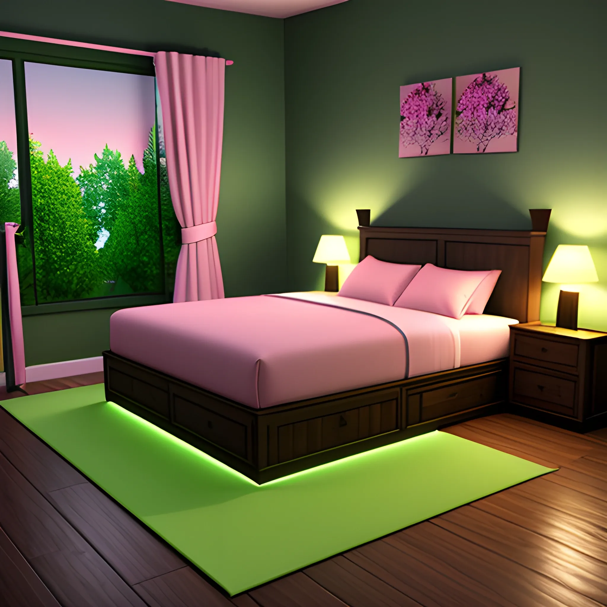 3d render, high resolution, cottage, small bedroom, green, pink sheets, night light, 14mm, cottage-core, small flowers, flower pot, night light, little stars, plants