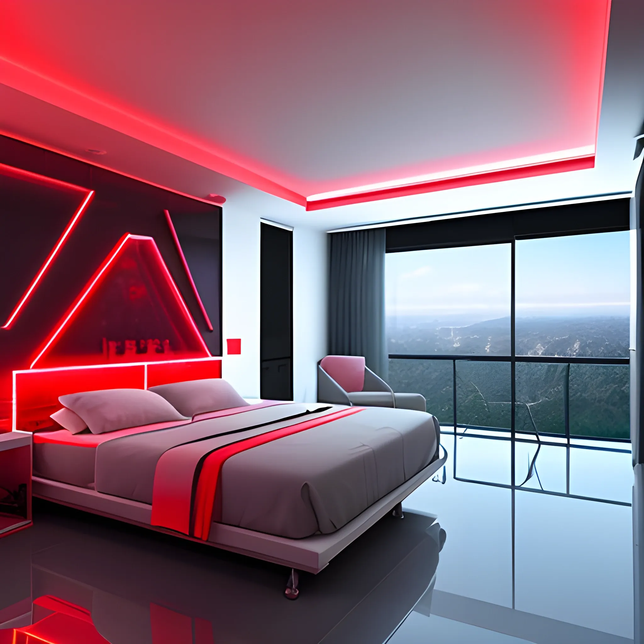 room with one of the 4 walls made of cristal that show a natural view, 3D, with bed, gray floor, with a setup, with red neon lights 