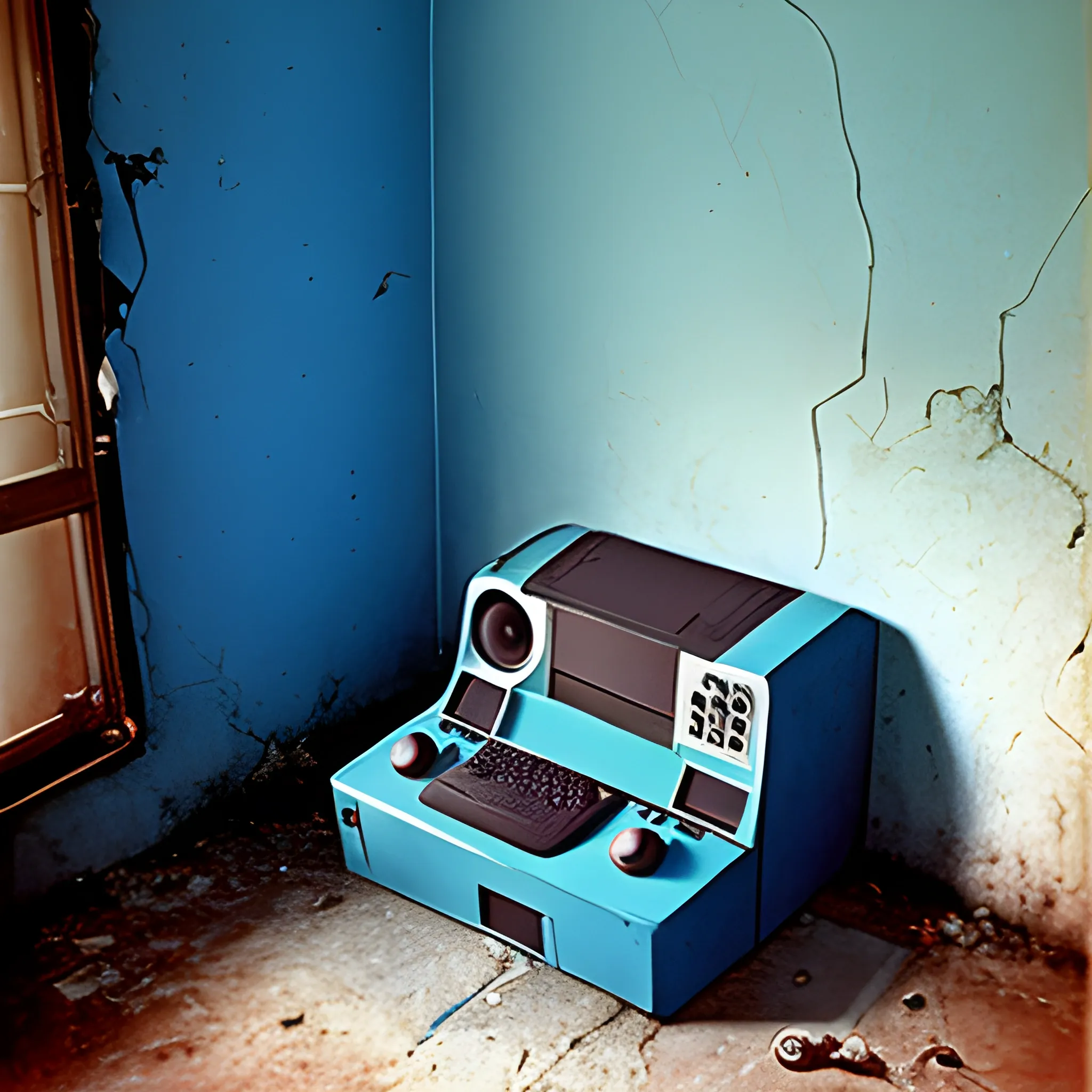 Cuarto, abandonado, azul, gamer, 1980