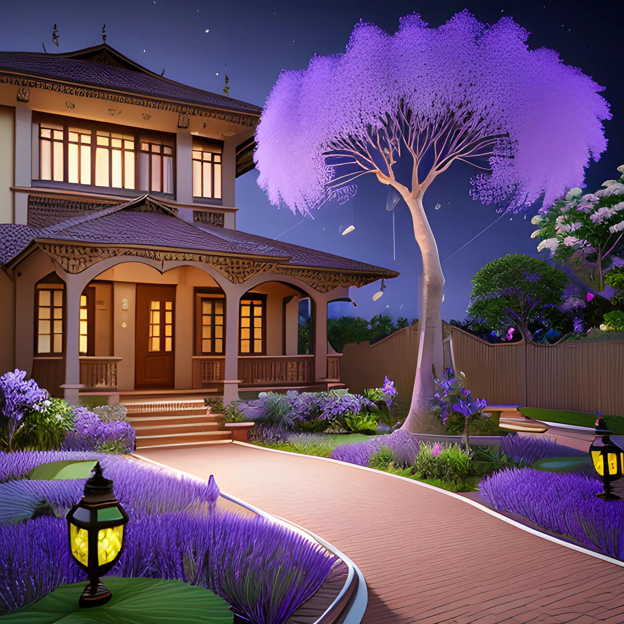 3D rendering, jacaranda tree night, traditional house, paper lamps, fire flies, lotus flower, cats