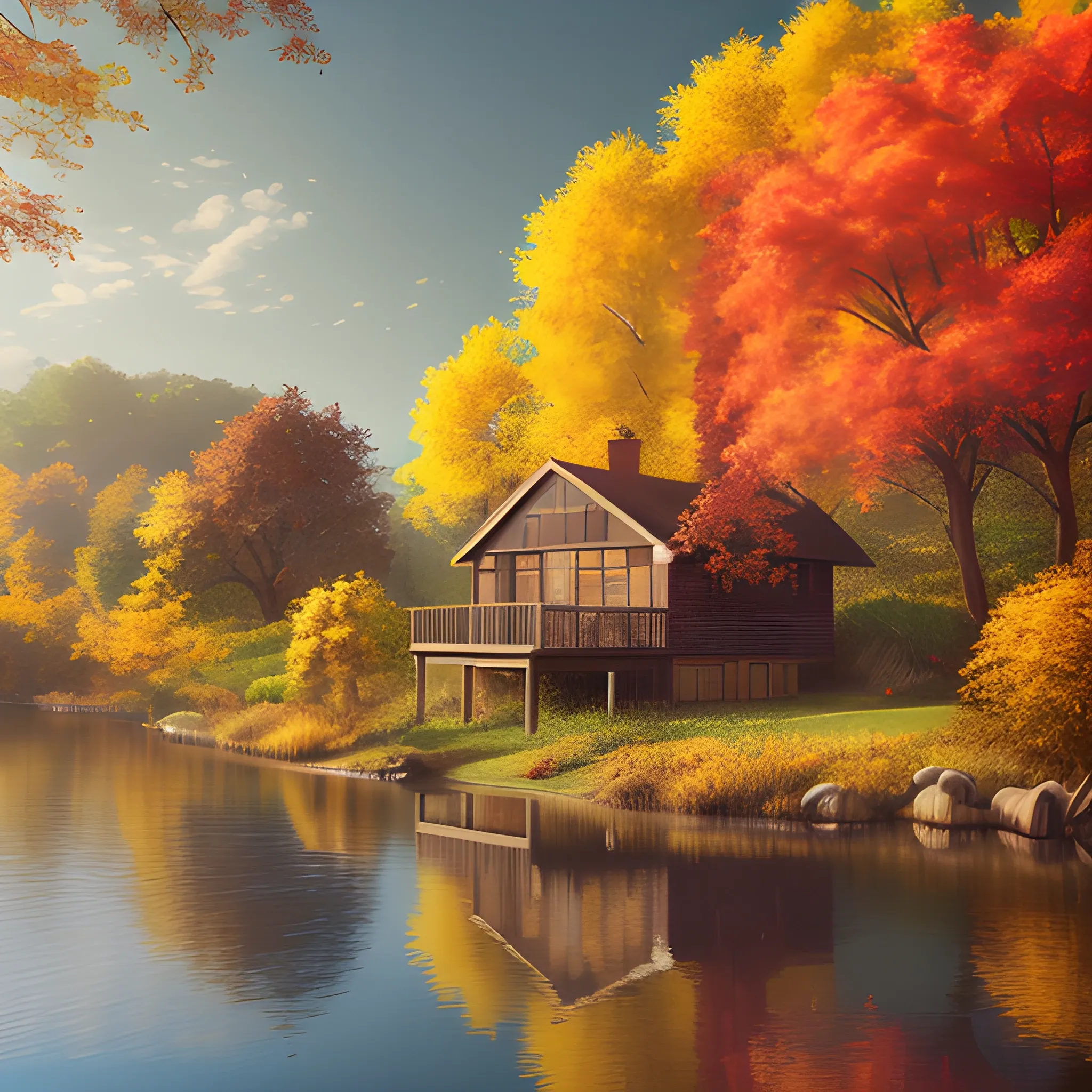 The house by the river in autumn photo realism, Golden autumn, ultra detailed, lively colors, Studio lighting, sharp focus, picturesque landscape, Bright leaves, serene atmosphere, detailed reflection on water, professional, physically rendered.