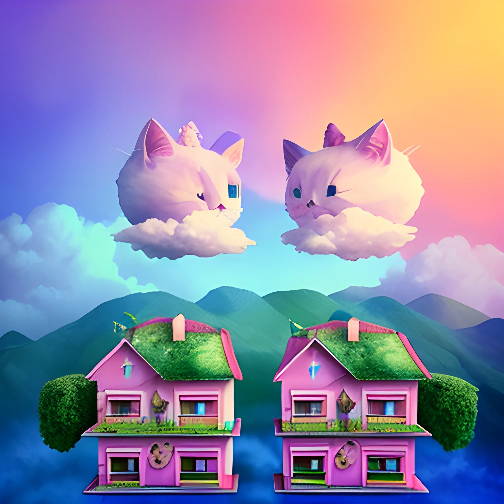 casas en las nubes, con árboles rosas, casas moradas de nubes, cielo azul con motado, y una pareja de gatos, 3D, Water Color, Trippy