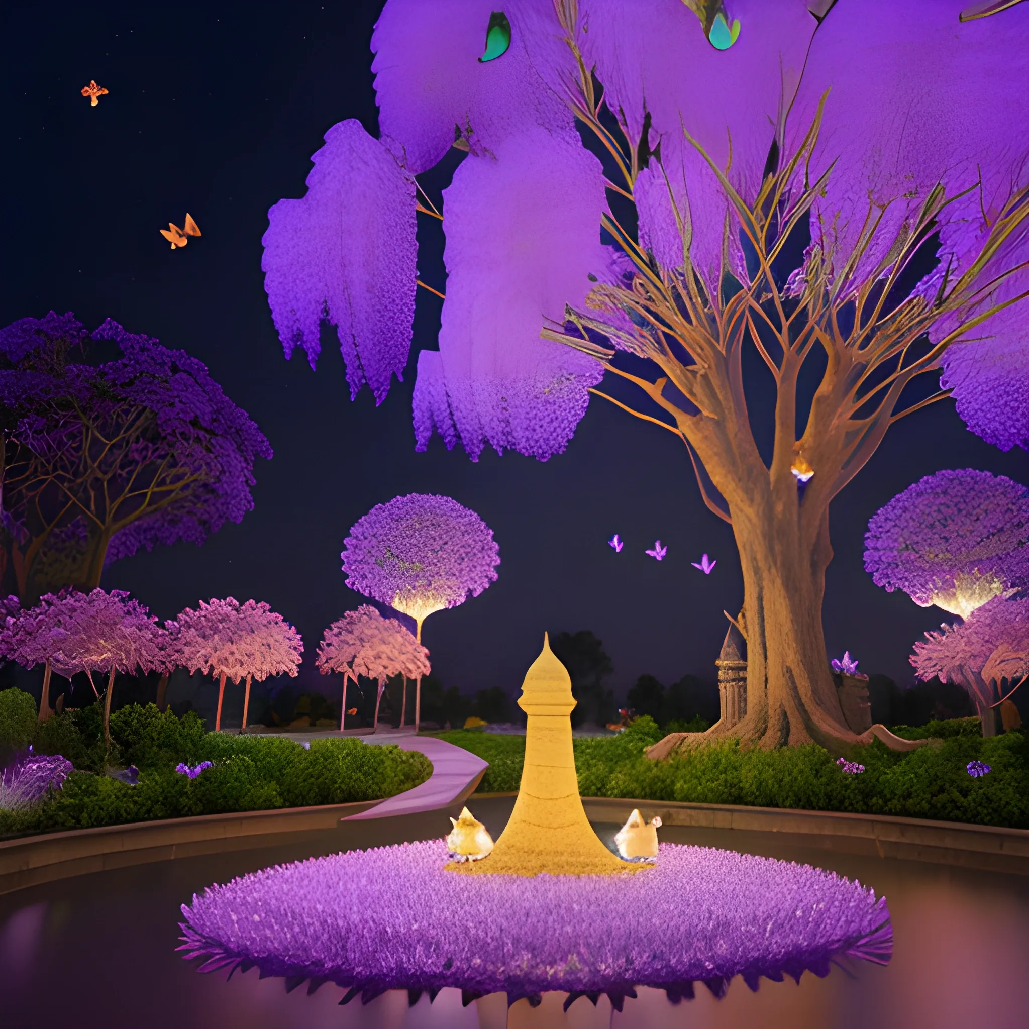 3D rendering, jacaranda tree, night, castle, paper lamps with fire flies, lotus flower and cats