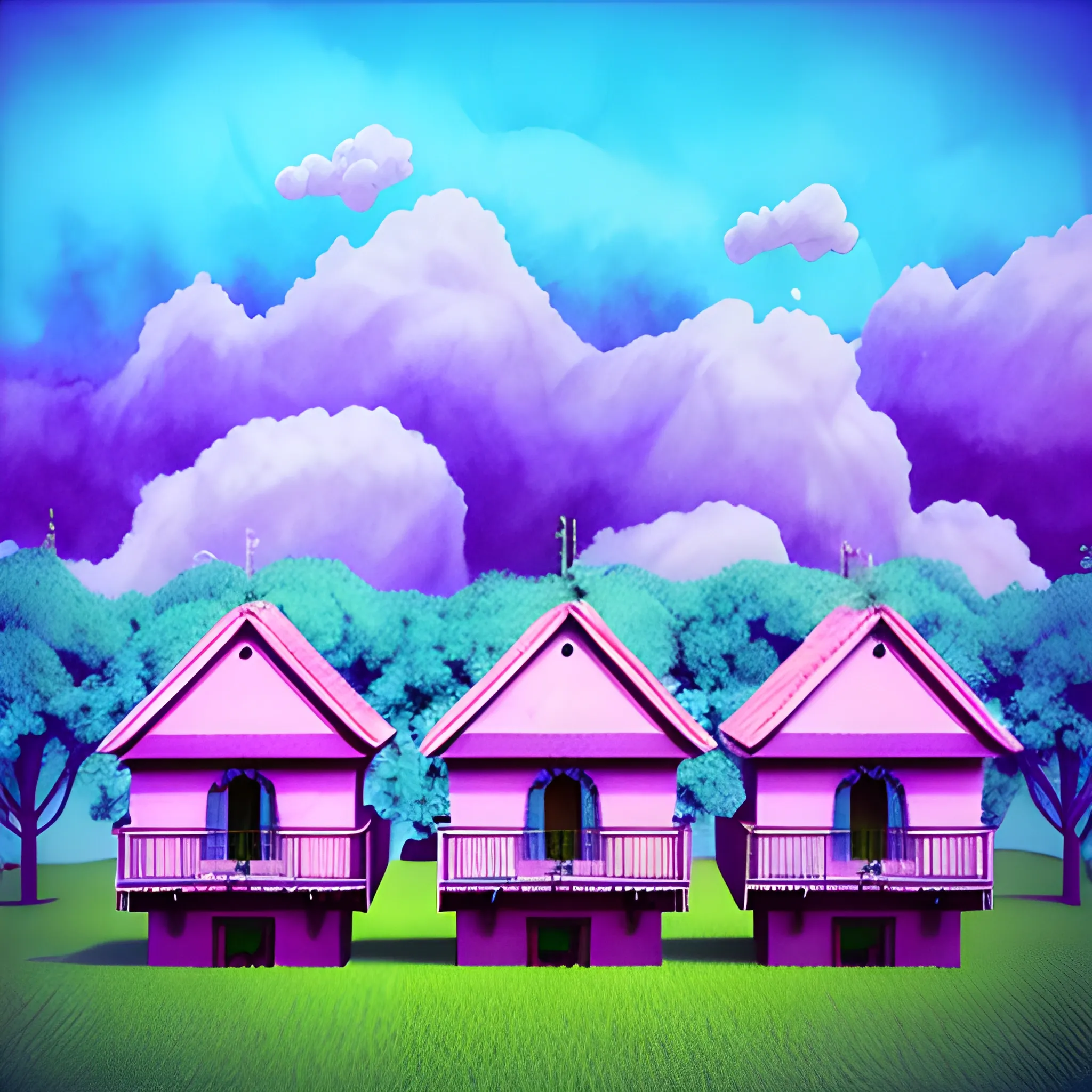 casas en las nubes, con árboles rosas, casas moradas de nubes, cielo azul con morado, 3D, Water Color, Trippy