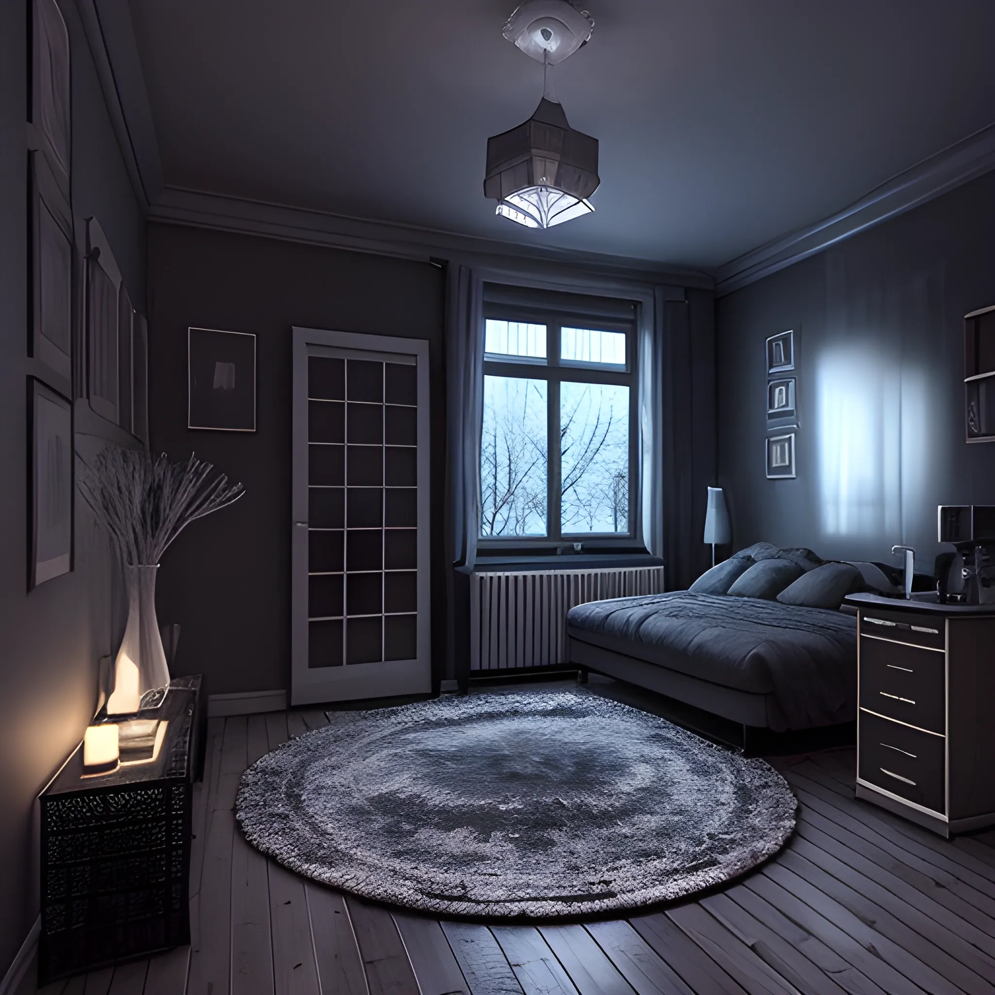 dark room in a house,with cadle ligthing and a calm atmosphere , the room a little untidy, cold and dark tones 3D