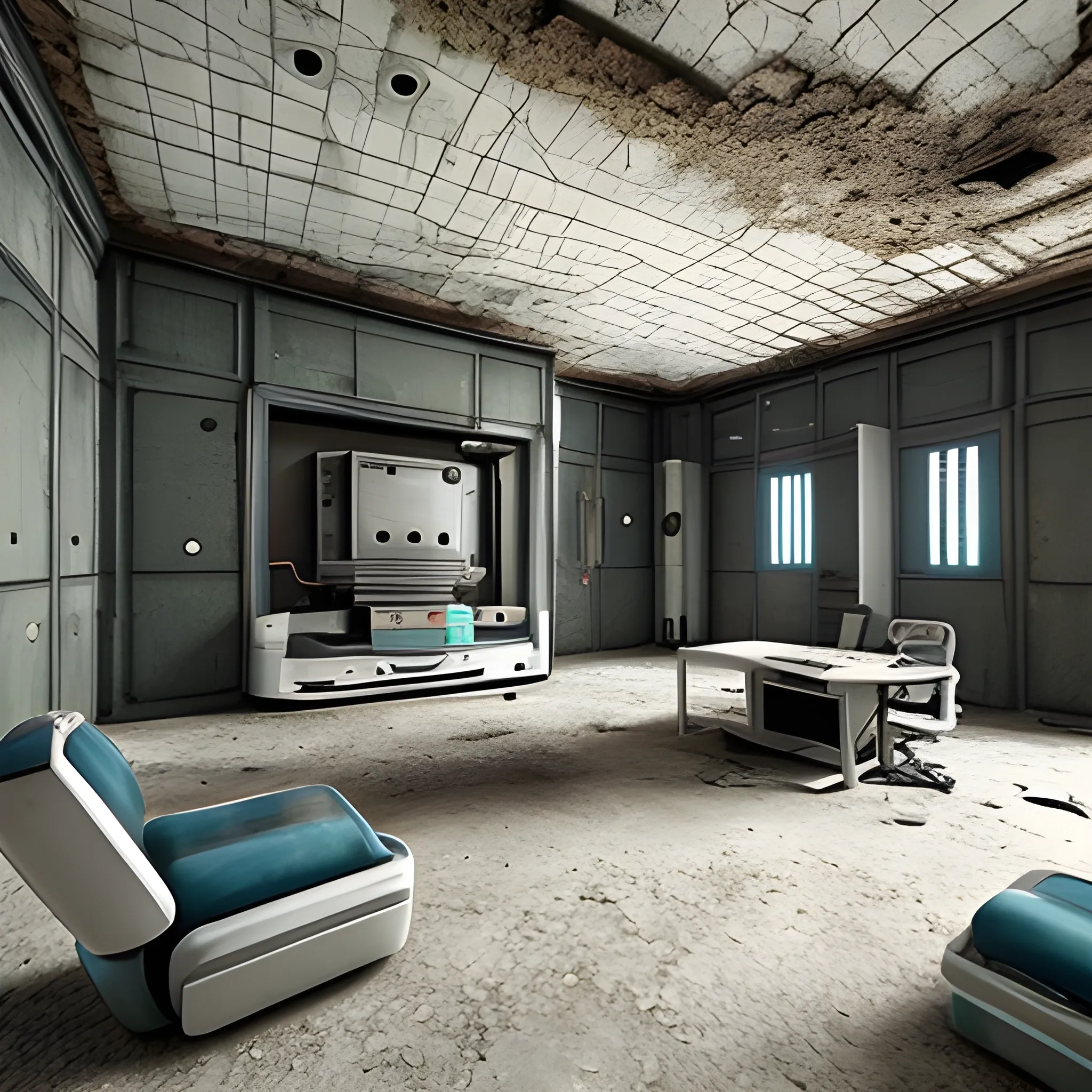 Interior de un computadora con muebles futurista abandonada, 3D