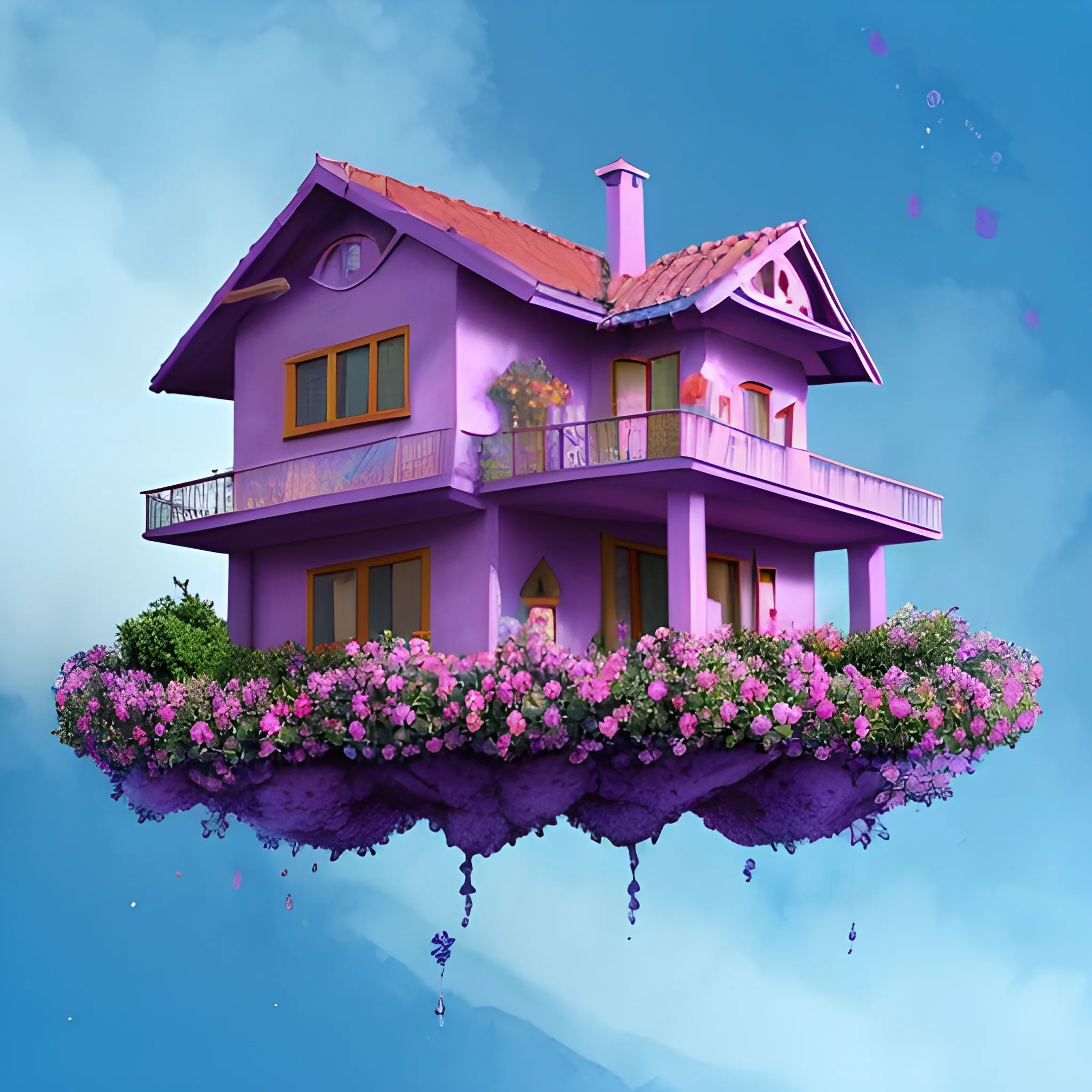 casa en las nubes, con árboles rosas, cielo azul con morado, 3D, Water Color, Trippy