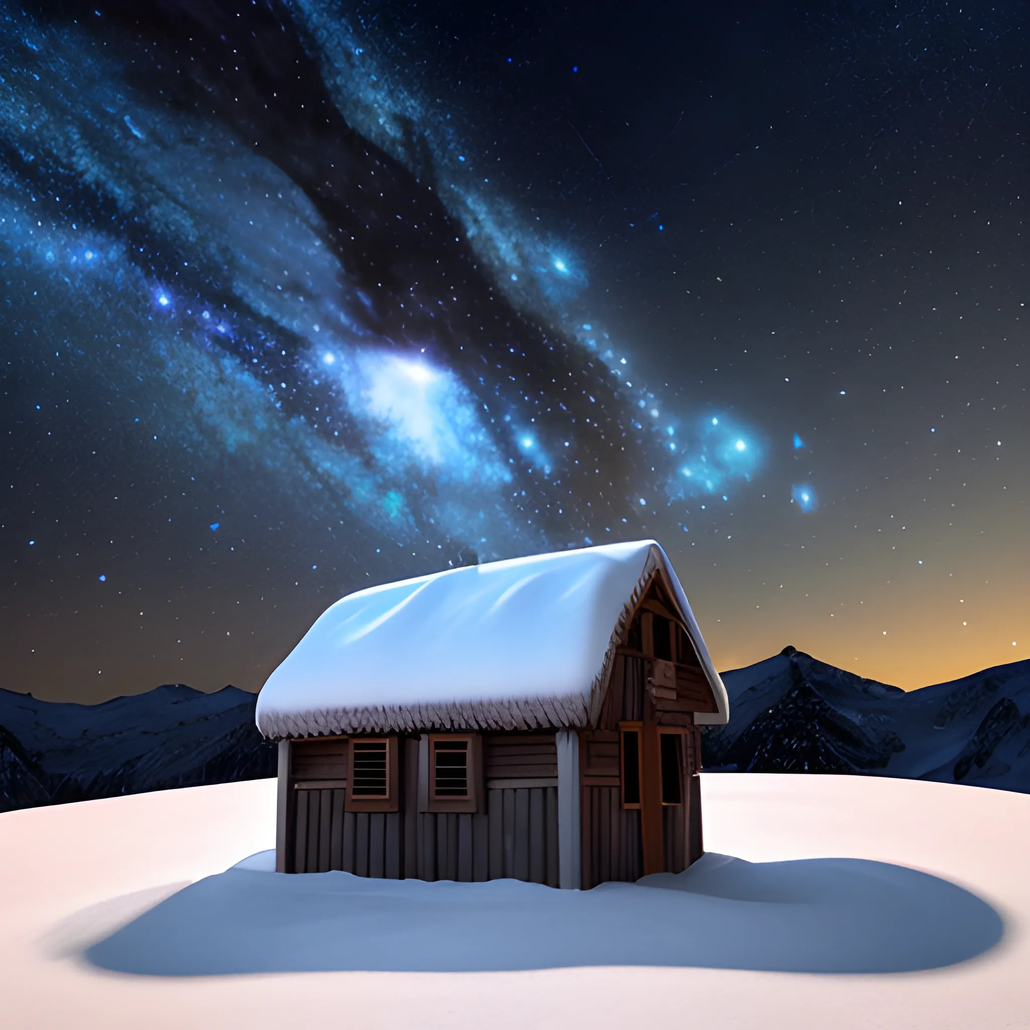 una cabaña grande en la nieve con el cielo estrellado de galaxia y con animales de fondo, 3D