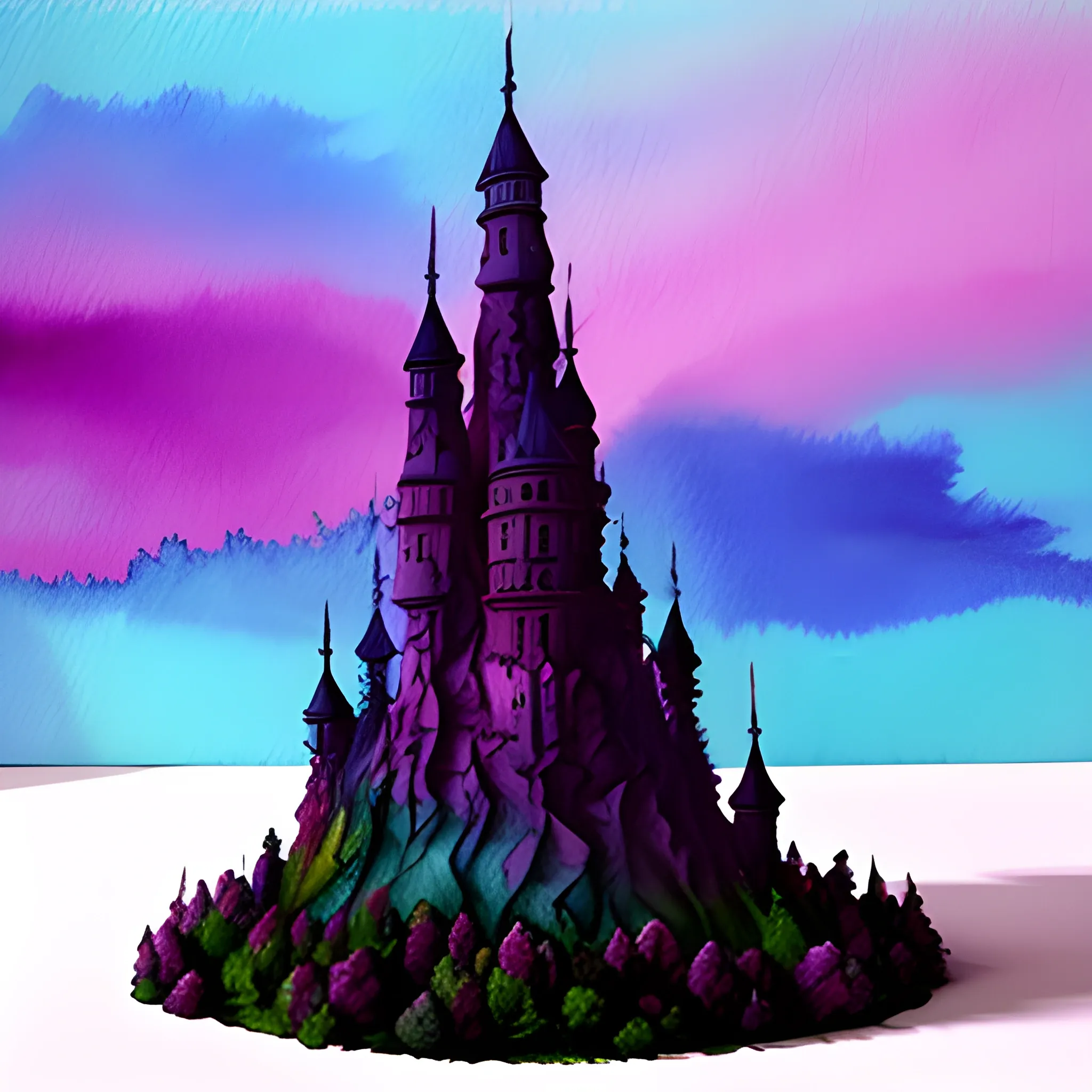 castillo en las nubes, con árboles morados, , 3D, Water Color, Trippy