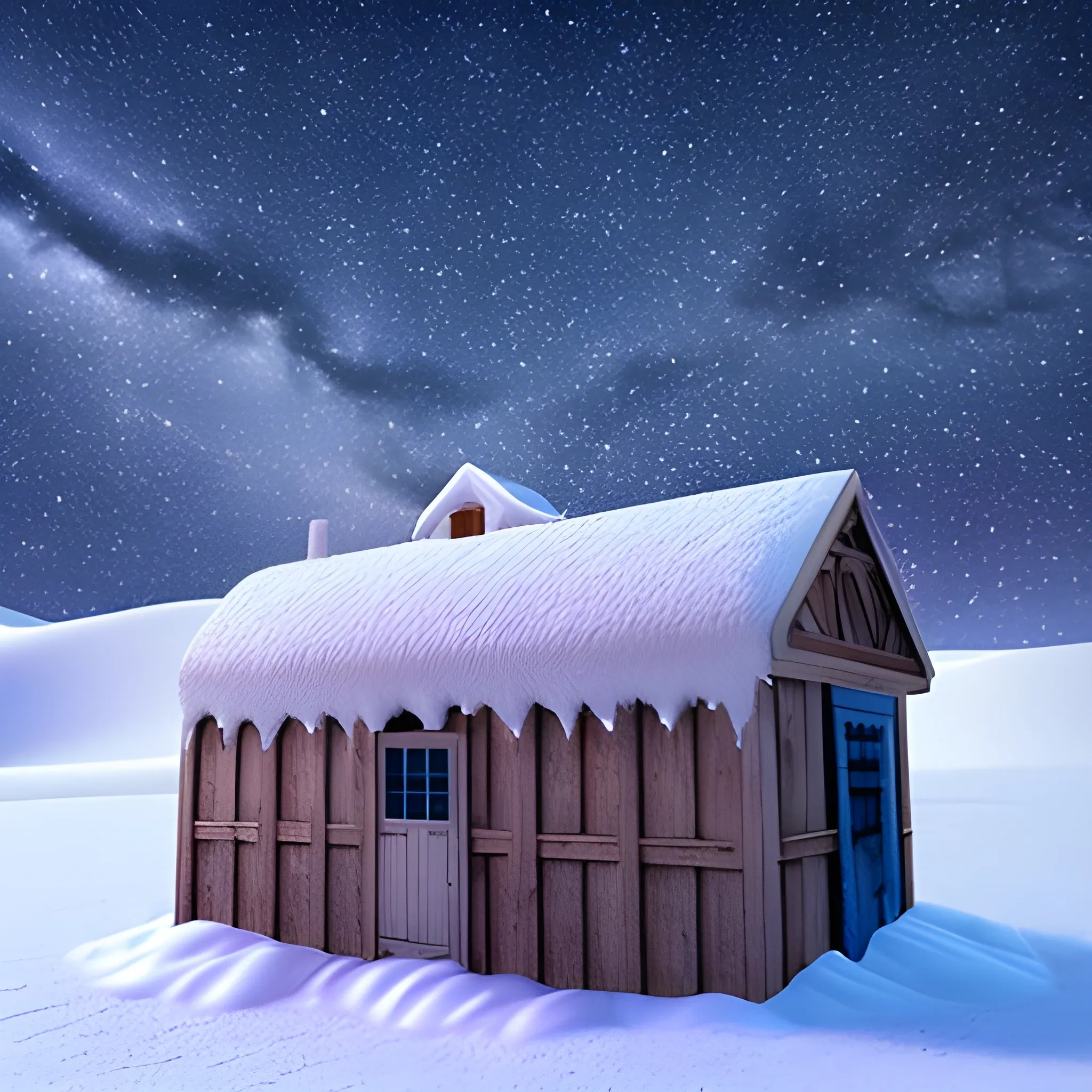 una cabaña grande en la nieve con el cielo estrellado de galaxia y con animales de fondo, 3D