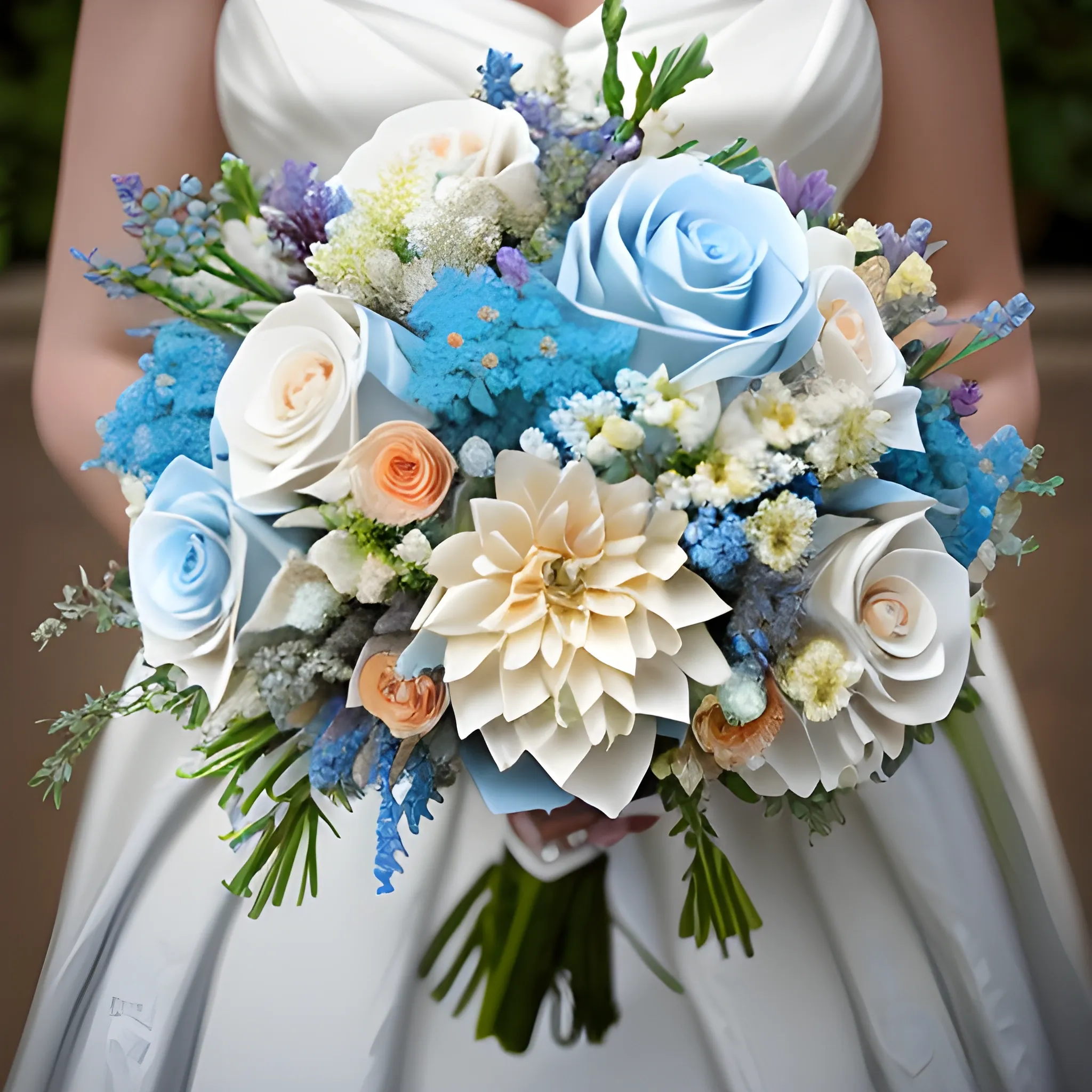 hyper realistic photo wedding bride's bouquet with dusty miller, terracotta roses, light blue delphinium, and ivory dahlias