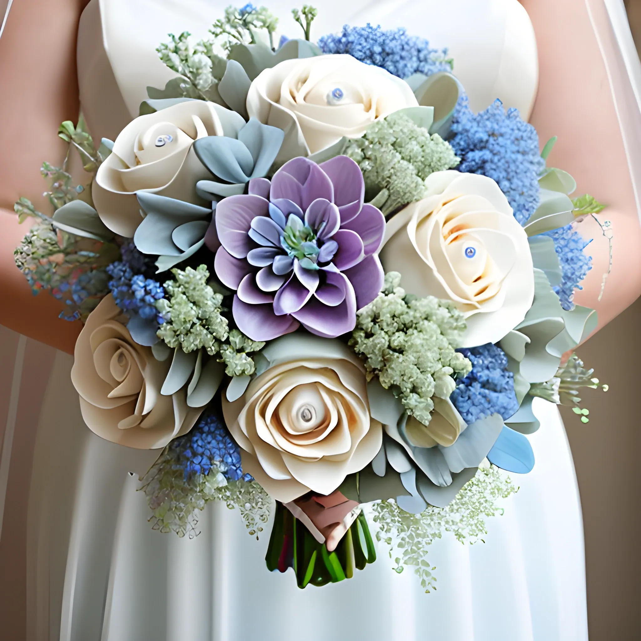 hyper realistic photo wedding bride's and bridesmaid's bouquets with dusty miller, terracotta roses, light blue delphinium, and ivory dahlias