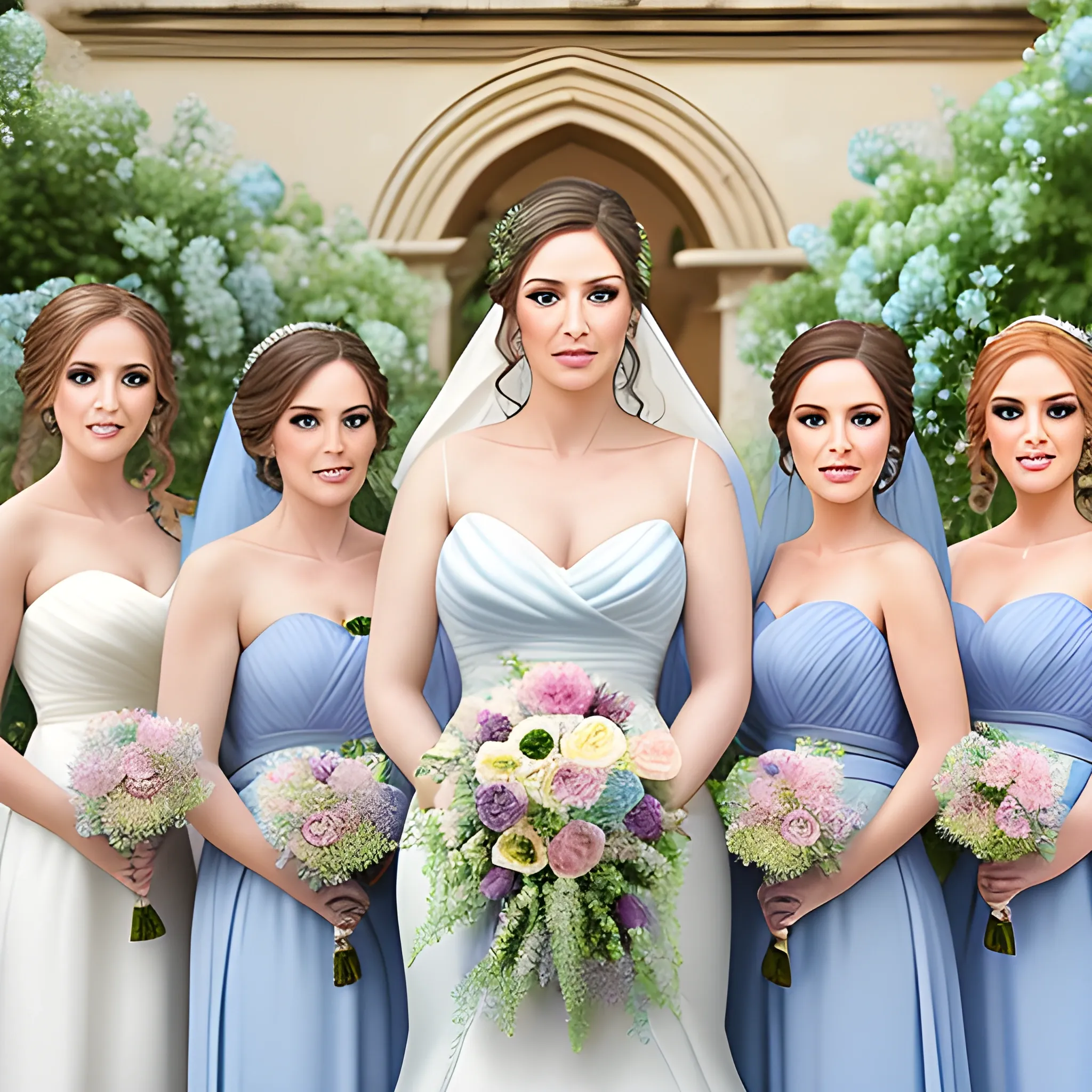 hyper realistic photo wedding bride and 7 bridesmaids with their bouquets, which are made up of dusty miller, terracotta roses, light blue delphinium, and ivory dahlias