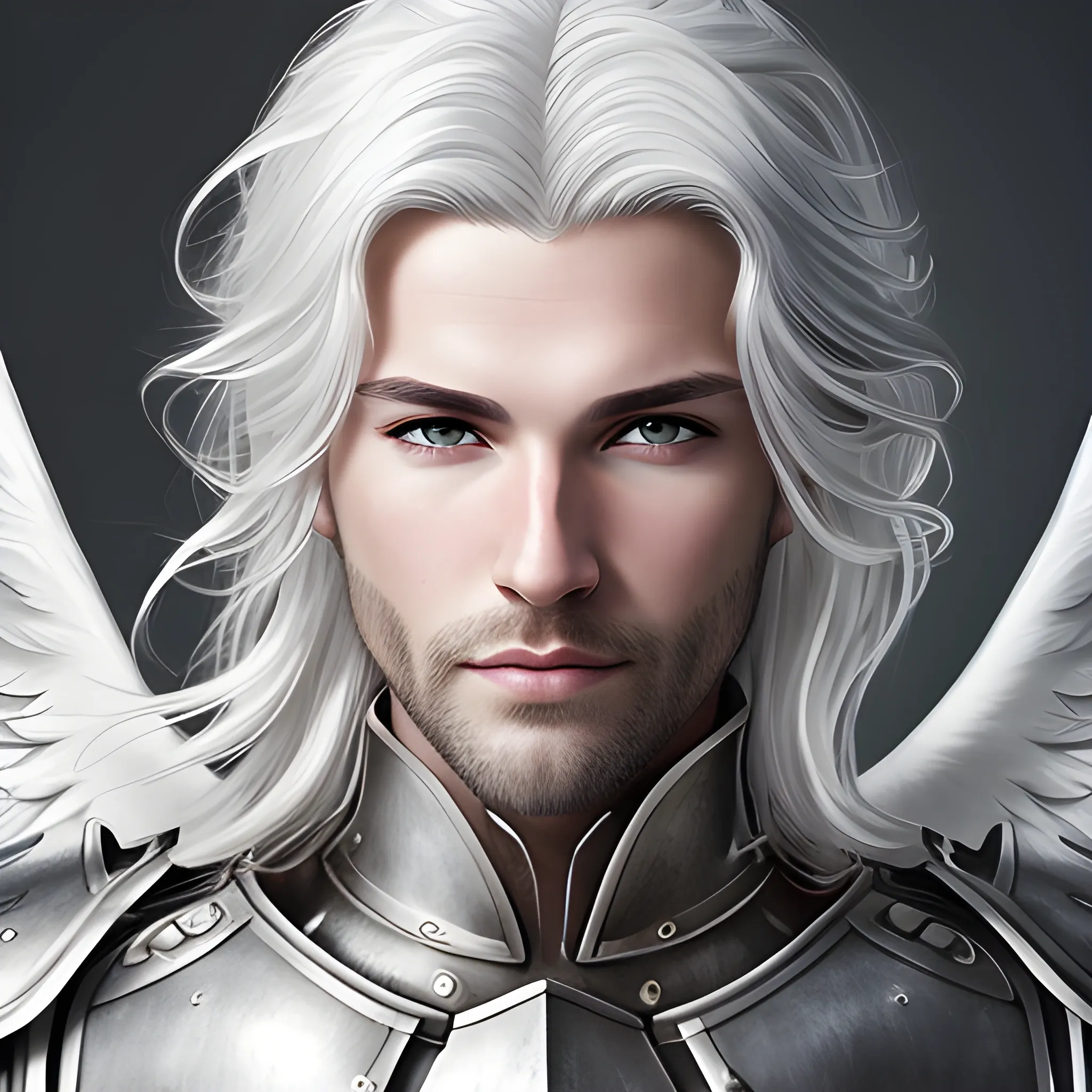 Realistic portrait of a handsome male angel, silver armor, no helmet, and long white hair.