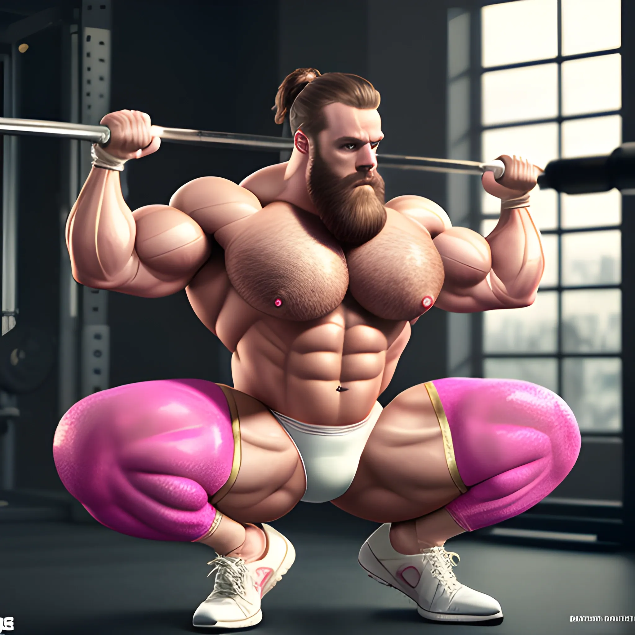 full frame scene of a male, beefy, extremely hairy bodybuilder crossdresser, wearing a super tight pink glittery singlet, lace white stockings, high heels sneakers, heavy gold jewels. round muscle ass, huge hairy breast, extremely huge boobs, sensual pose. working out in the gym squatting his gym buddy. Super detailed atmosphere, 8k Ultra HD, unreal engine 5 render photoshoot, perfect lighting. super detailed face. octane render. full body subject