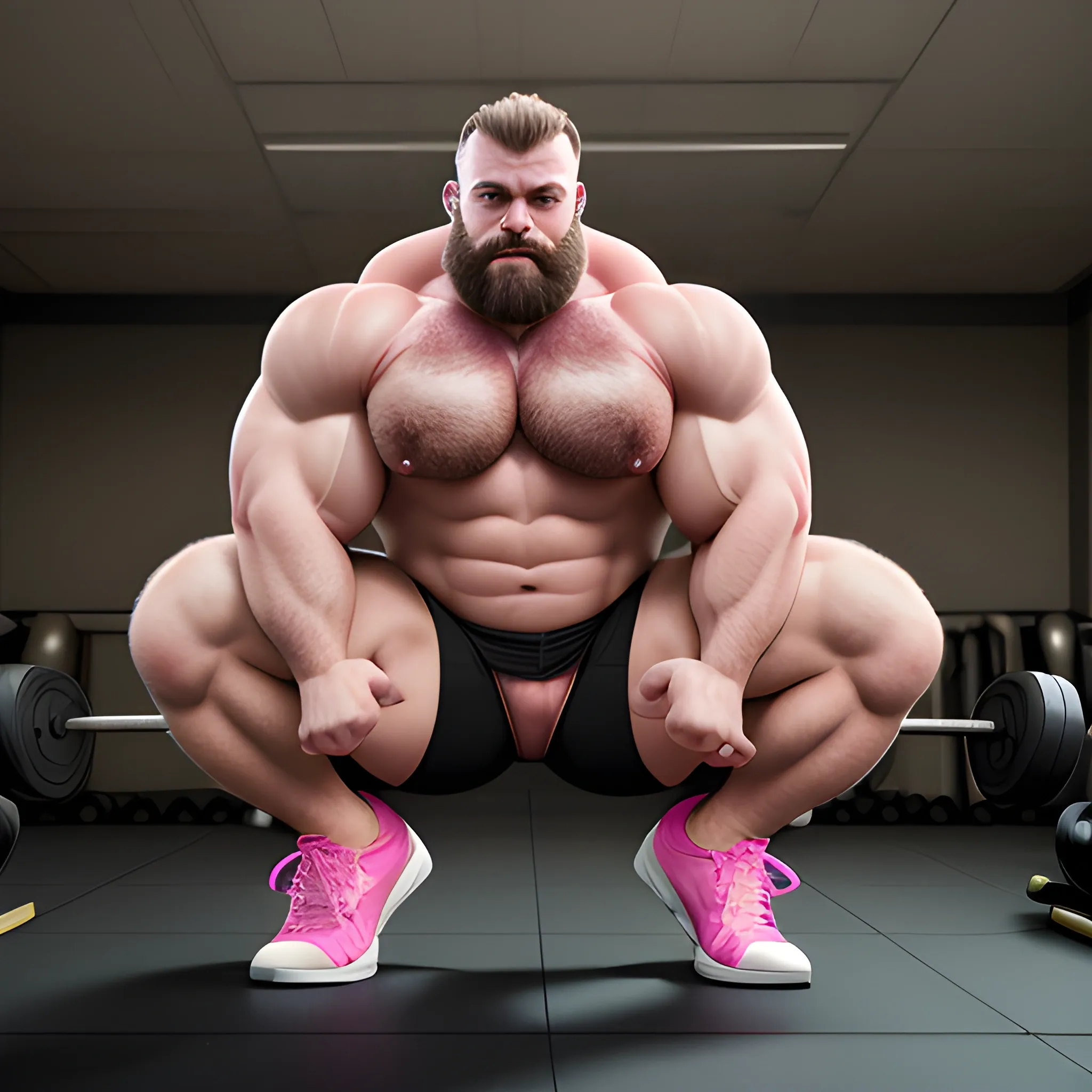 full frame scene of a male, beefy, extremely hairy bodybuilder