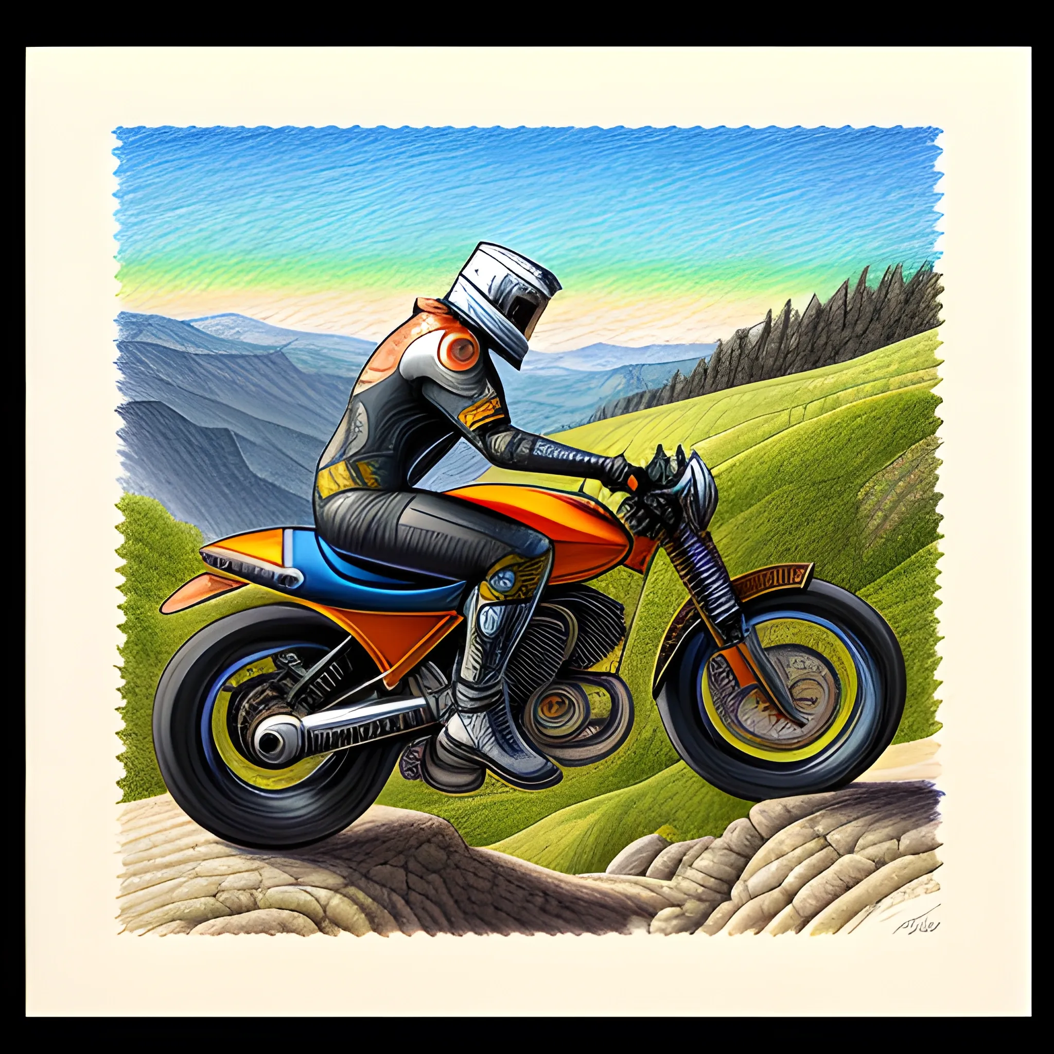 Colored pencil art of a motorbiker on a hilly terrain, on paper, highly detailed, artstation, Caran d'Ache Luminance