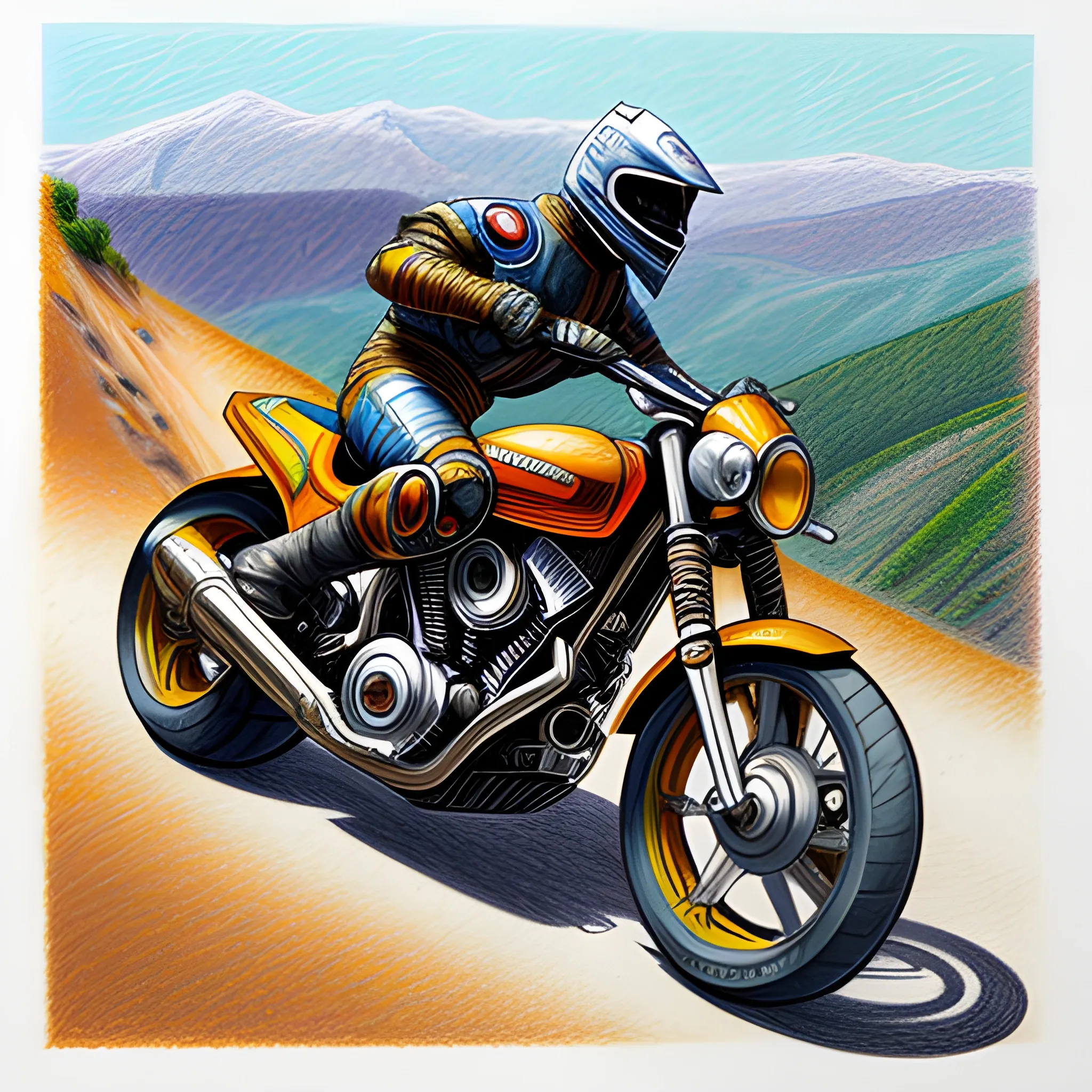 Colored pencil art of a motorbiker on a hilly terrain, on paper, highly detailed, artstation, Caran d'Ache Luminance