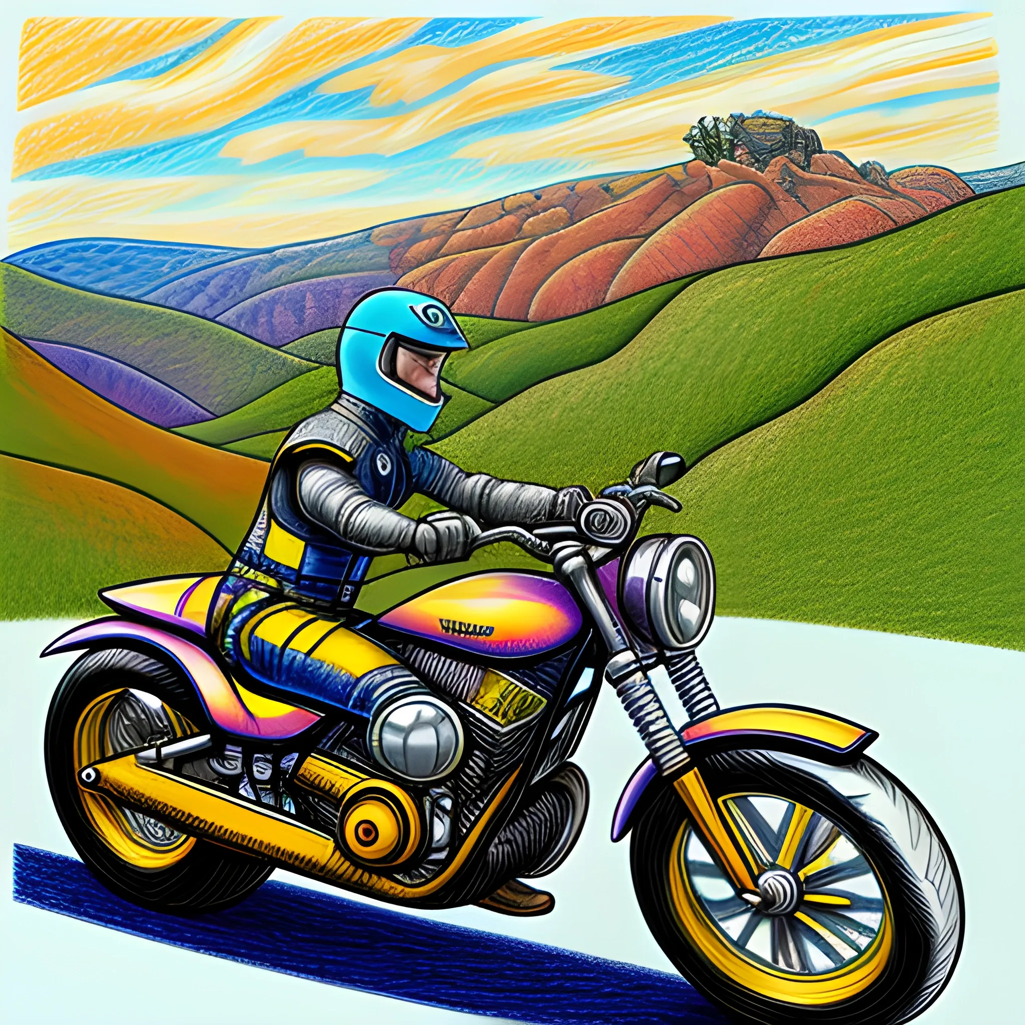 Colored pencil art of a motorbiker on a hilly terrain, on paper, highly detailed, artstation, Caran d'Ache Luminance, Cartoon