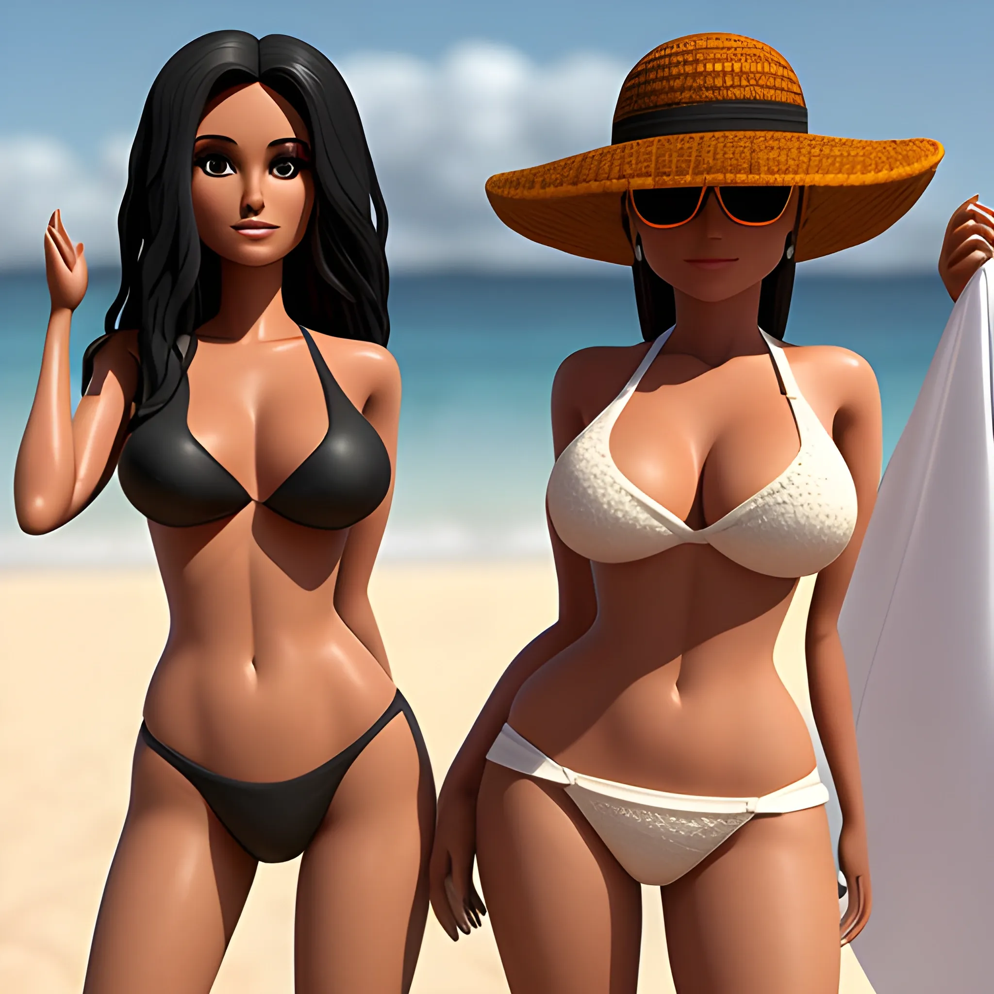 una mujer realista con miel morena, con una figura, 90,60,90, con ropa corta. mujer natural en una playa, 3D