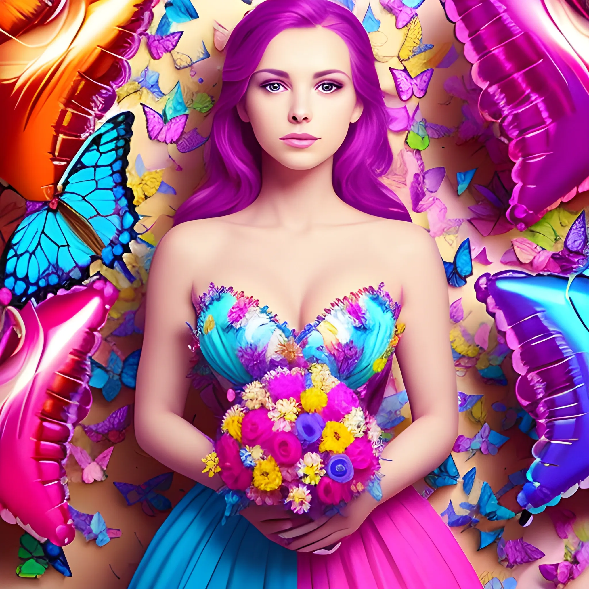 A beautiful woman, balloons, flowers and butterflies, colorful, ultimate high-definition photography