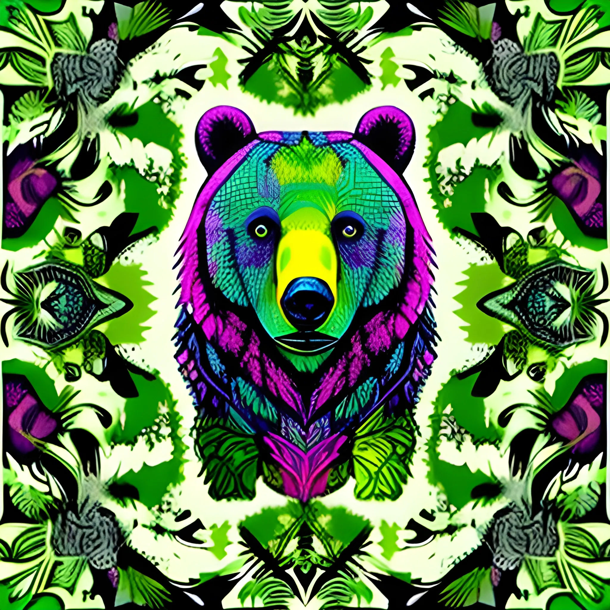 forest green,  Trippy, with a bear
