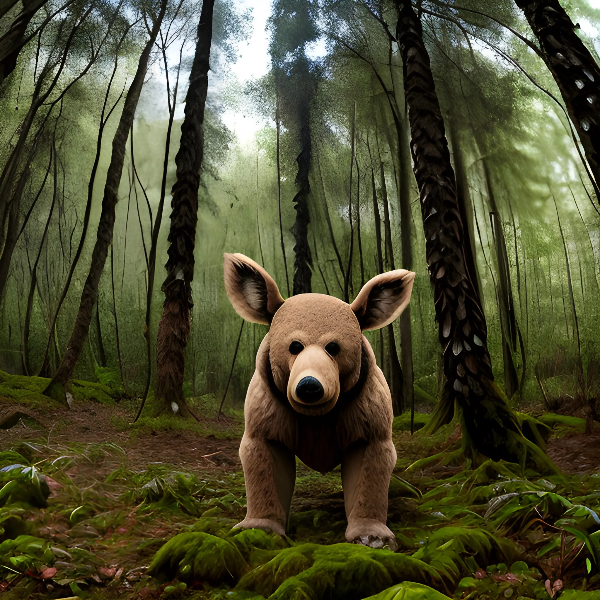 oso en un bosque con troncos altos, llenos de ojos
