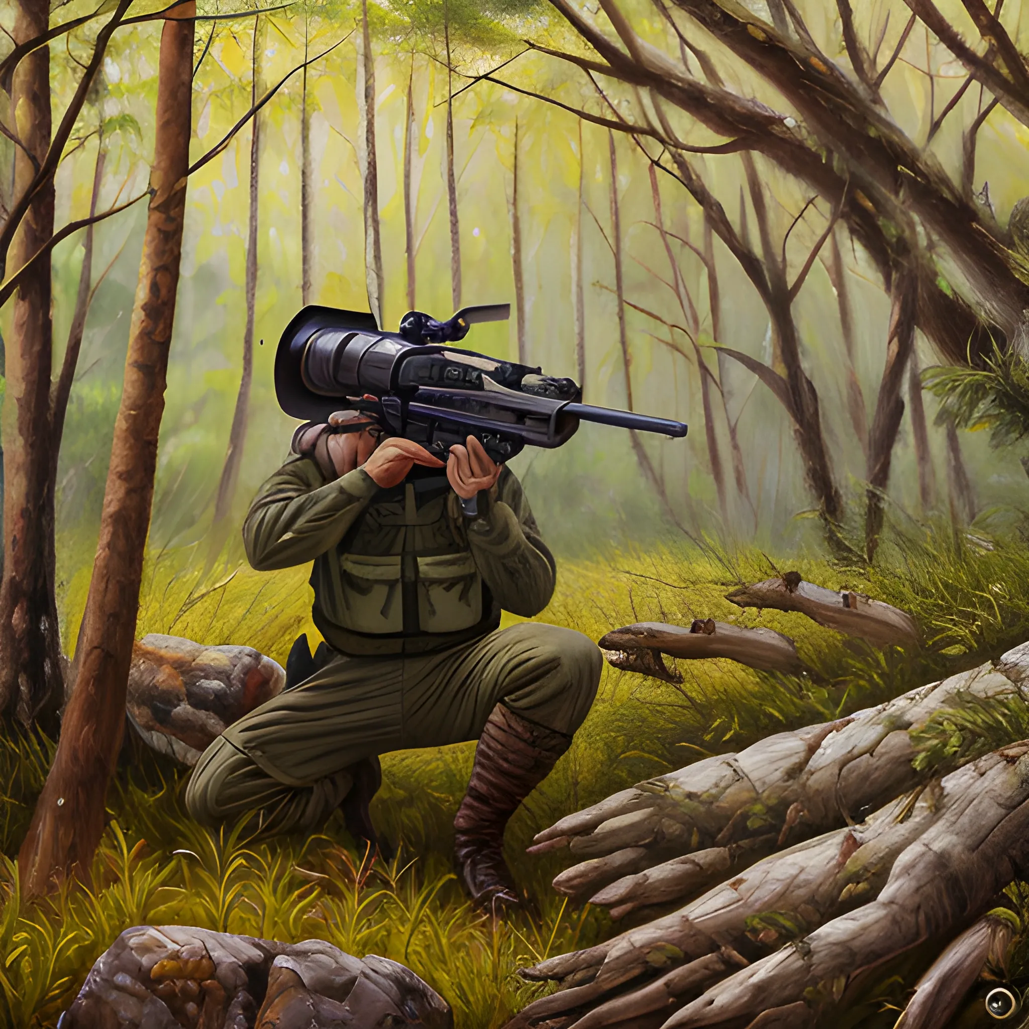 cazador en un bosque frondozo a punto de disparar a un oso que lo va a atacar, Oil Painting