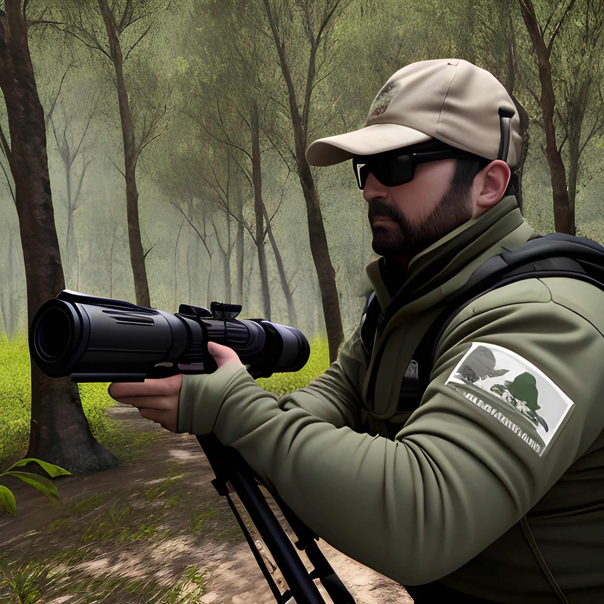cazador en un bosque frondozo a punto de disparar a un oso que lo va a atacar,  3D