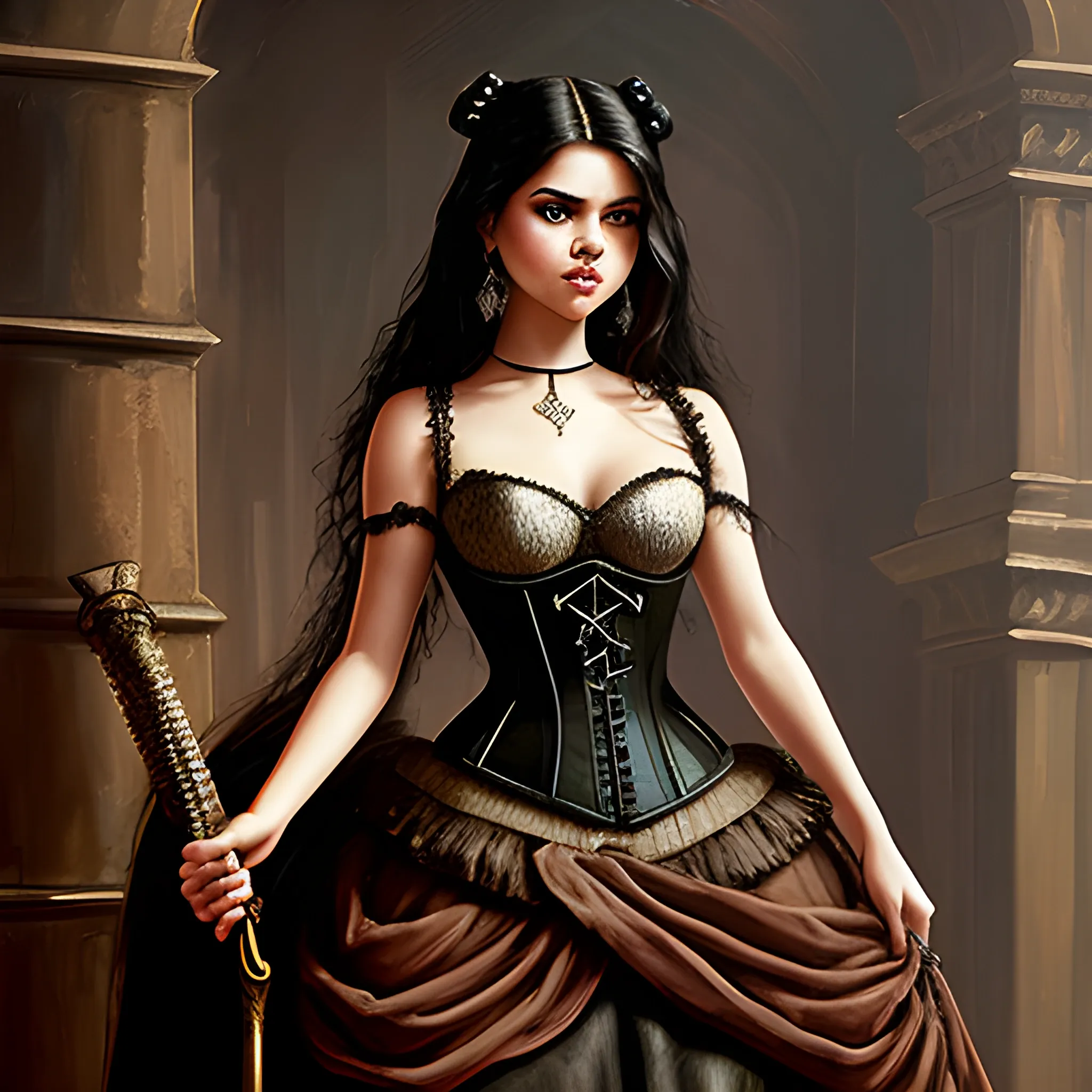 Selena Gomez as a character in a grim dark medieval video game, wealthy aristocratic lady wearing a corset and skirt , 
, Oil Painting