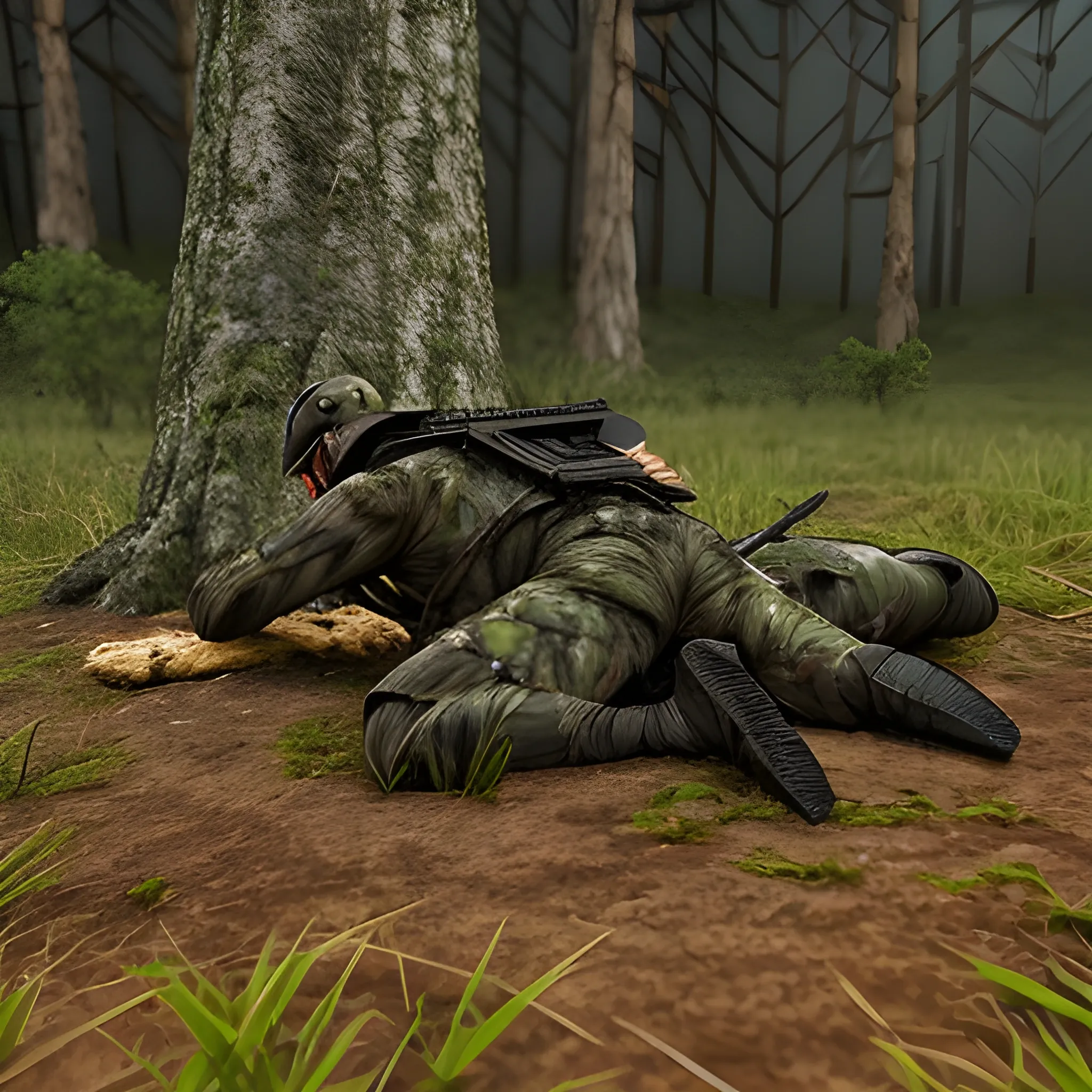 cazador armado, oso agresivo, en un bosque frondoso, en medio de la lluvia, cuando esta por caer la noche, 3D