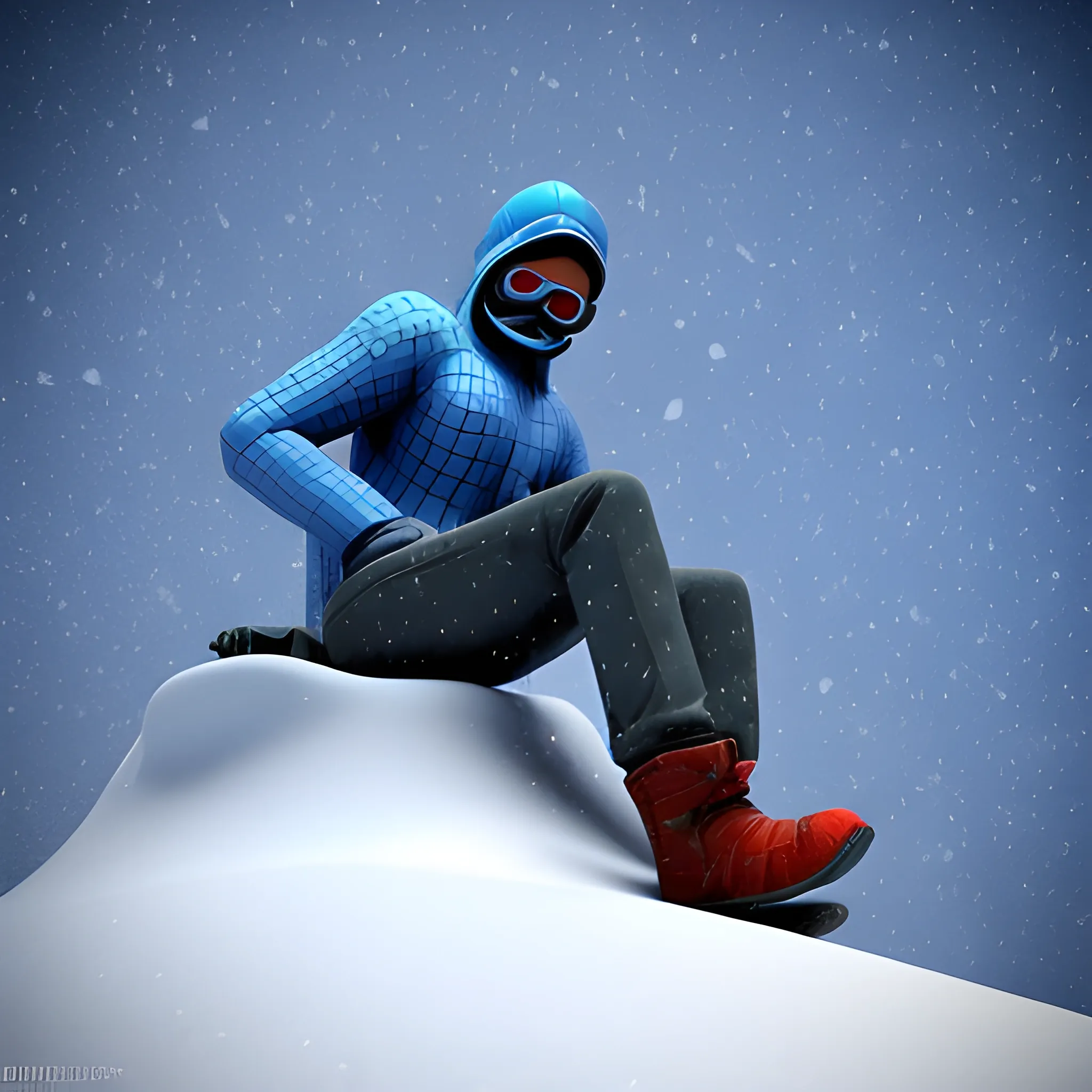 hombre sentado al borde de un precipicio, de una montaña nevada, con un abismo de nieve sin fin, 3D, Trippy