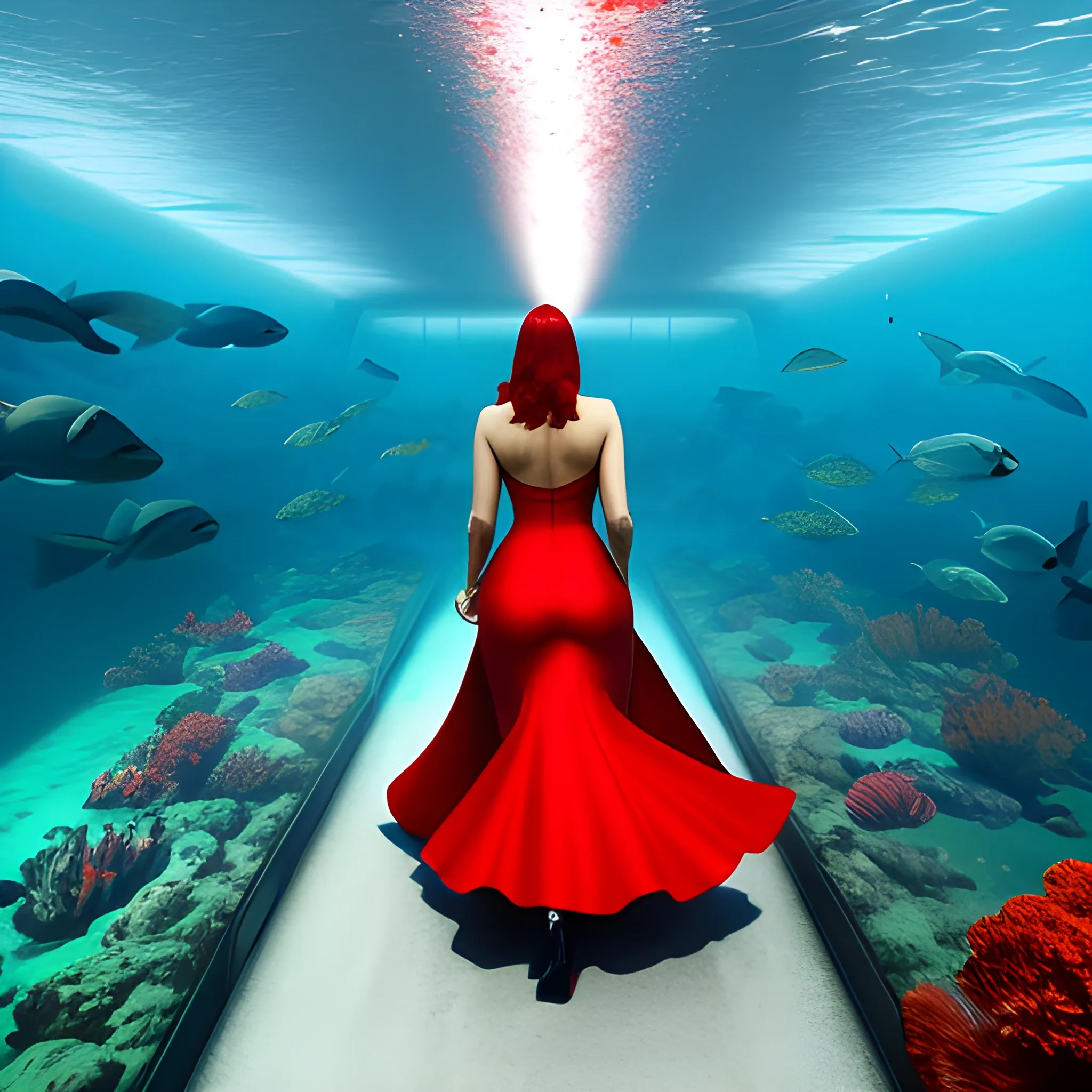 A girl is wearing a red elegant dress, she is walking towards a giant underwater aquarium, ultra high definition quality