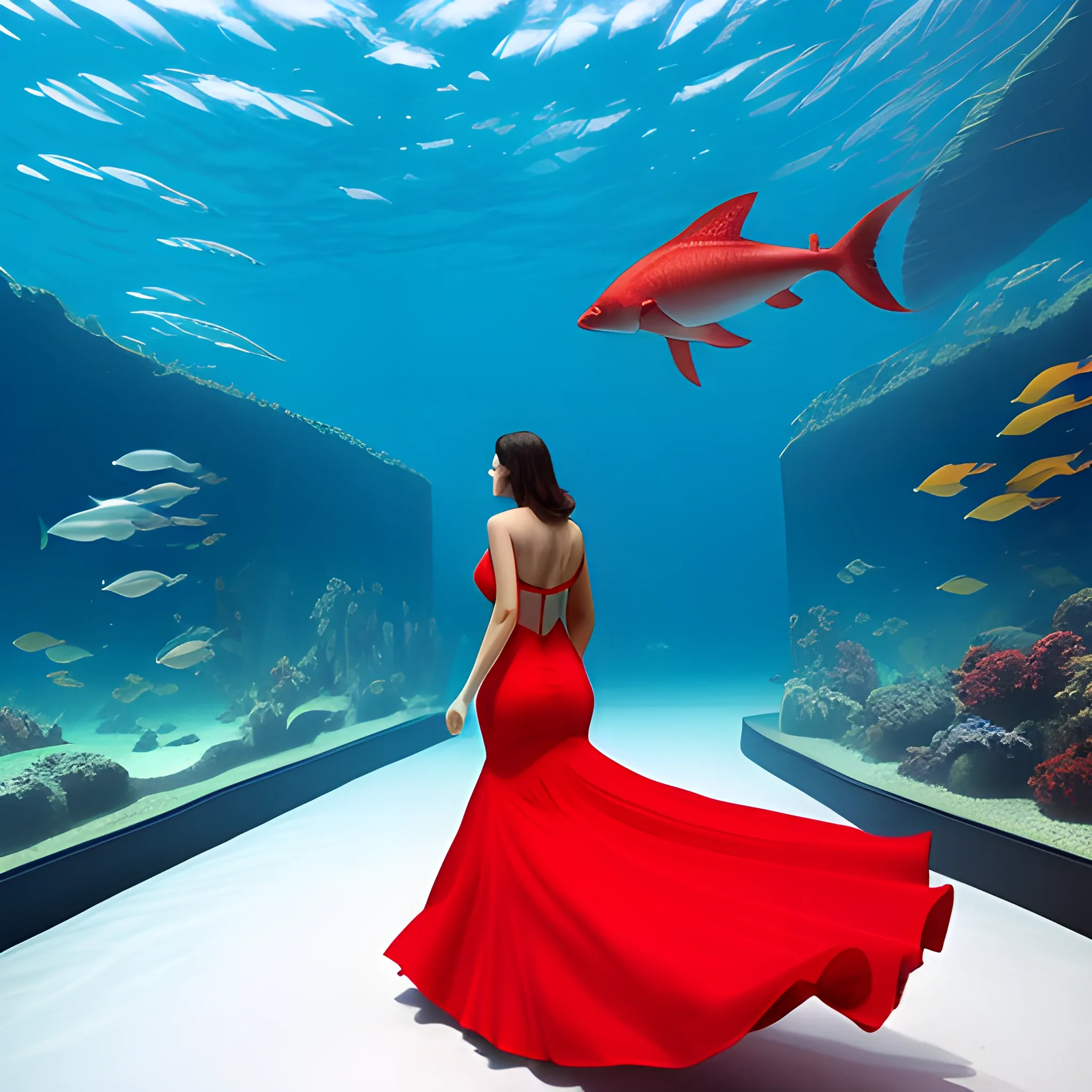 A girl is wearing a red elegant dress, she is walking towards a giant underwater aquarium, ultra high definition quality