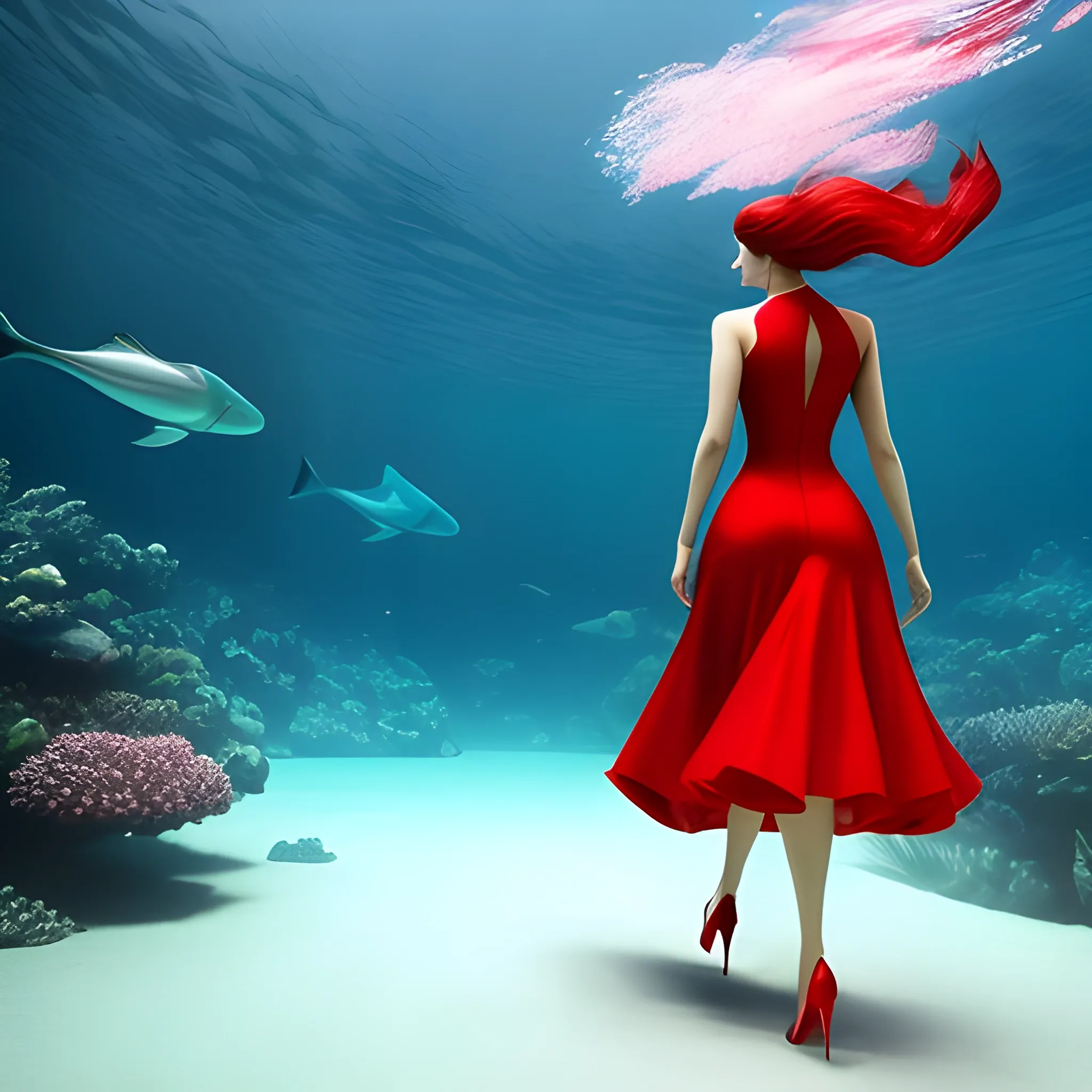 A girl is wearing a red elegant dress, she is walking towards a giant underwater aquarium, ultra high definition quality