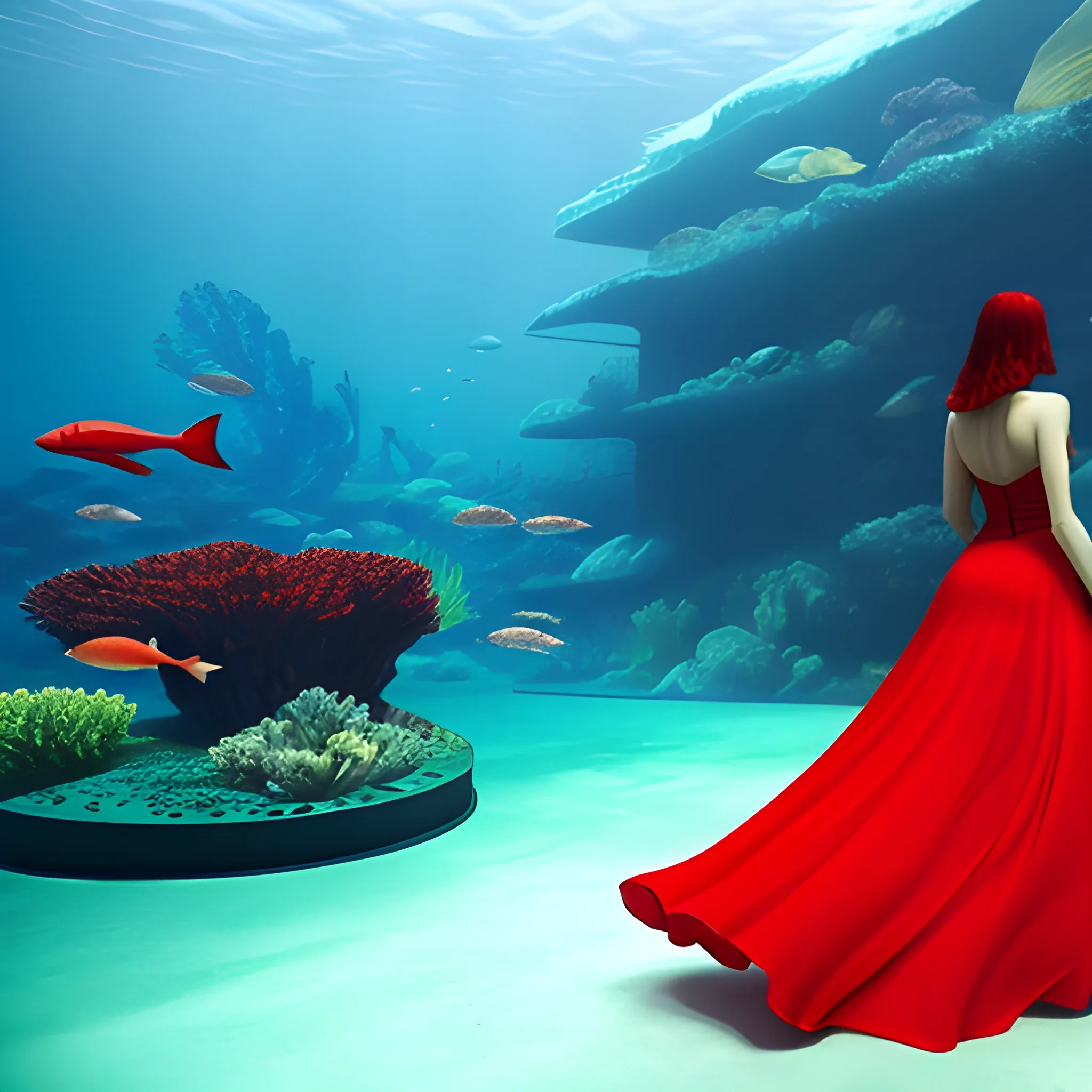 A girl is wearing a red elegant dress, she is walking towards a giant underwater aquarium, ultra high definition quality