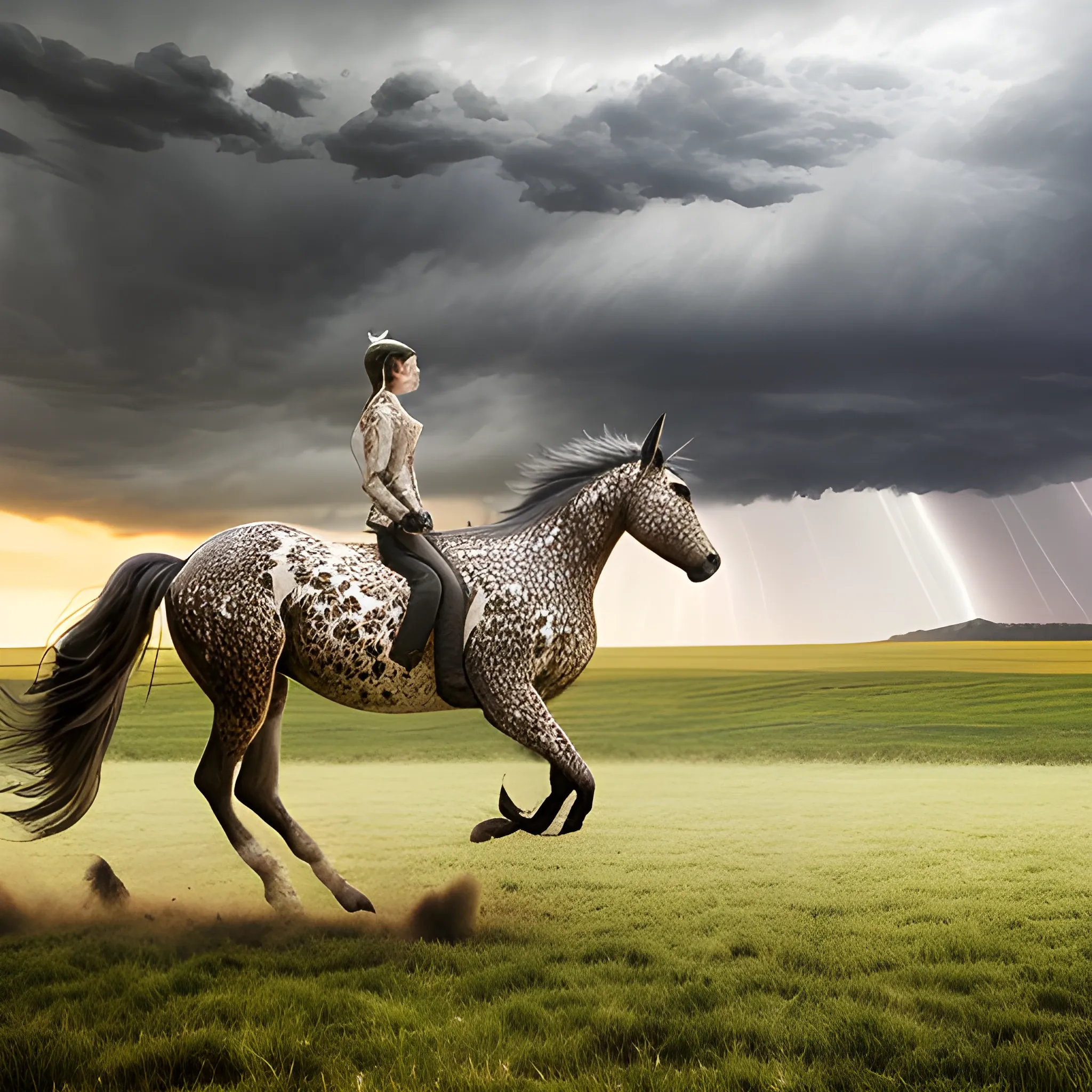 An Appaloosa stallion is bucking, in the background is a storm ethereal western horizon, ultra high definition quality